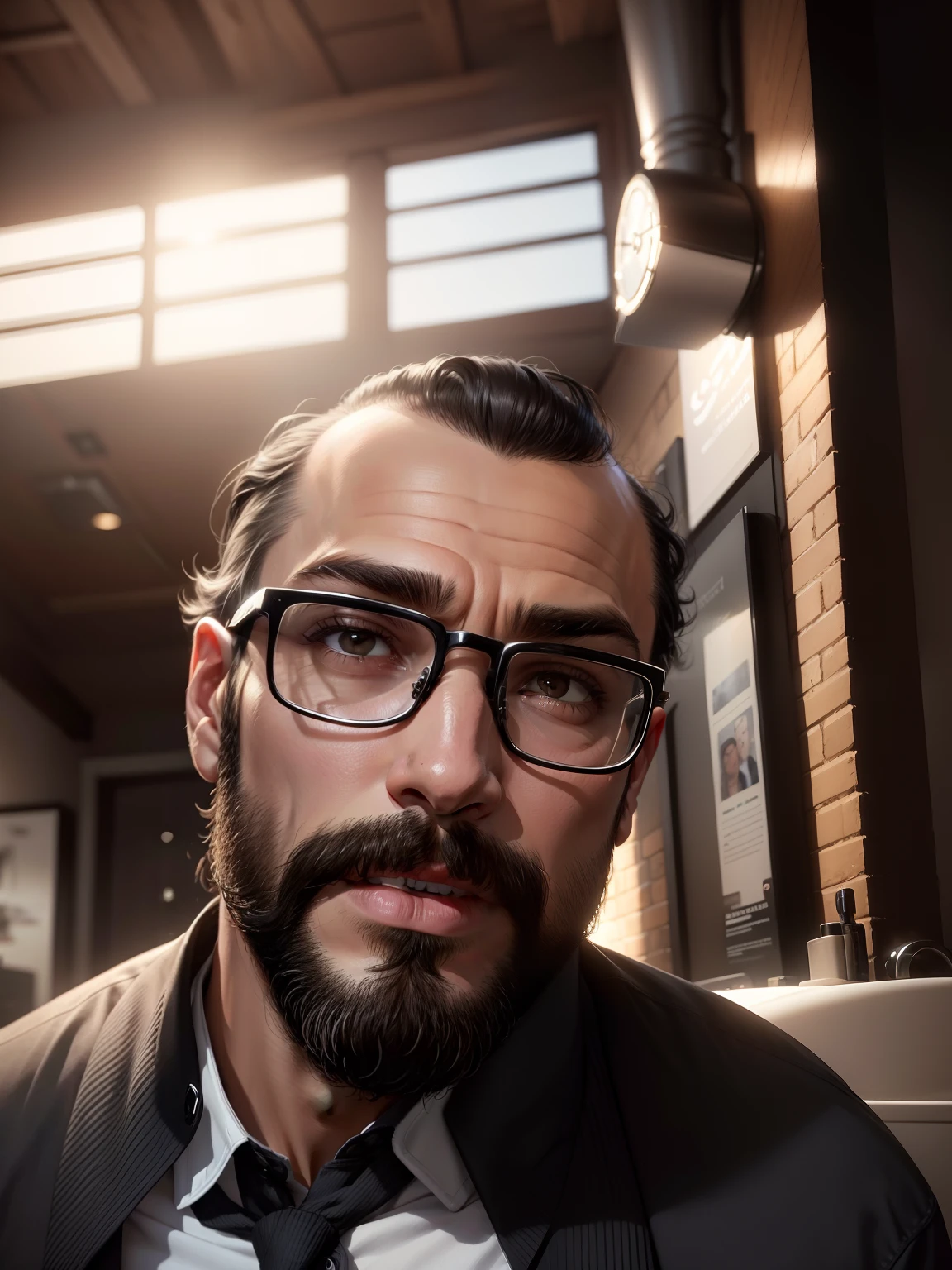 homem barba fechada, More hair in baldness , , barba e cabelo negros, corte de cabelo Chanel de ponta, nariz delicado, slightly square jaw, olhando pro horizonte, with button-down shirt. Glasses and black frame. Youthful-looking