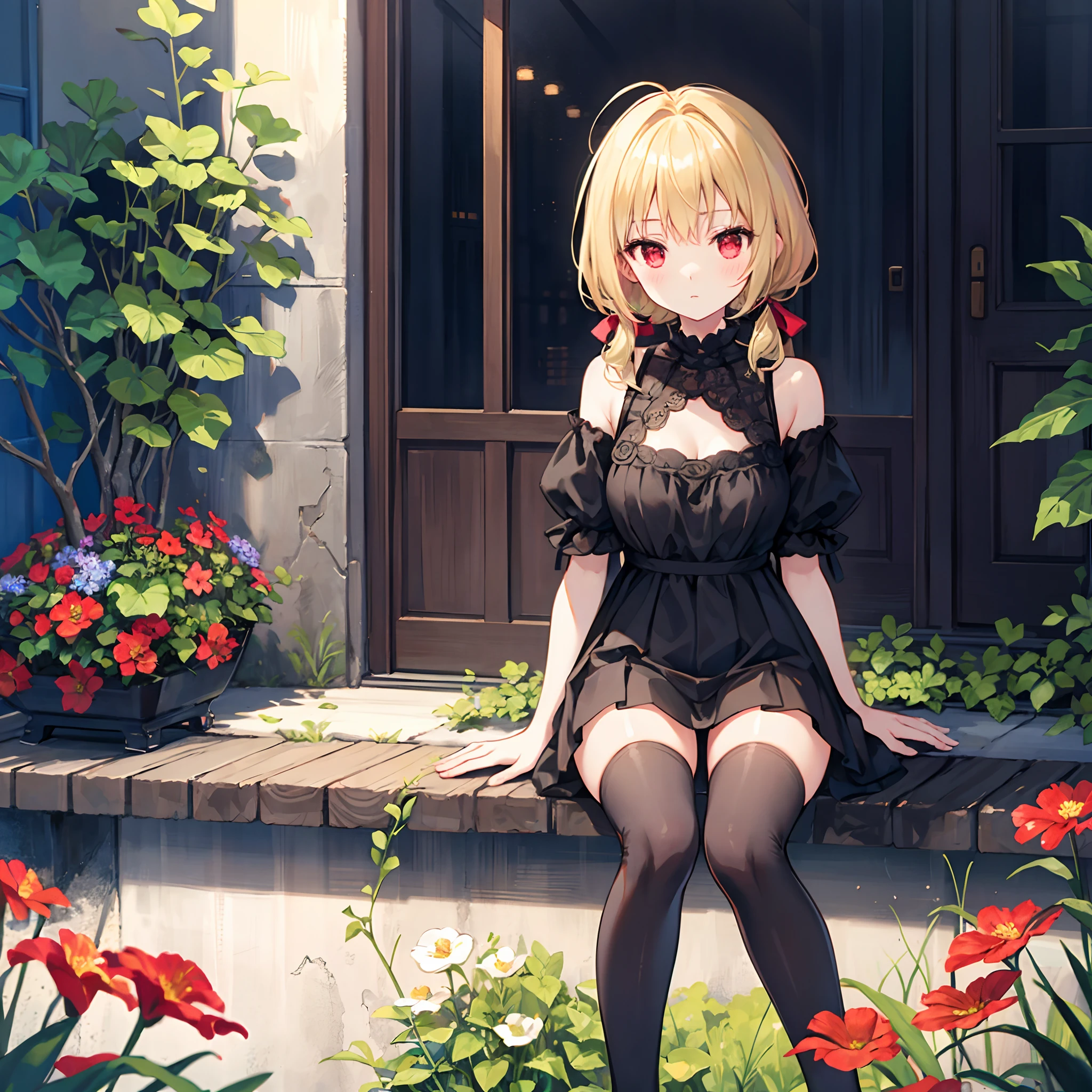 a blond、poneyTail、red eyes、Beautiful girl alone、Black Dress、off shoulders、a miniskirt、Black tights、sitting on、flower field