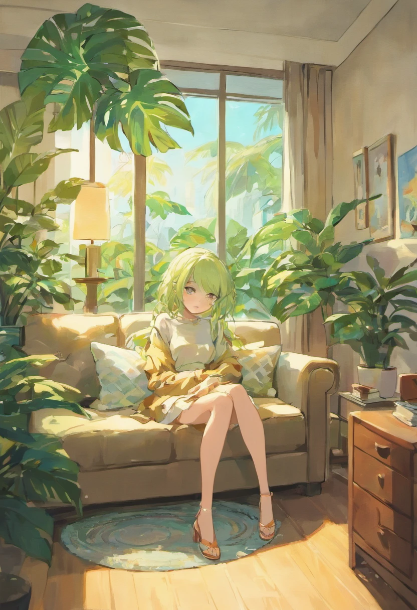 In the large bright living room，carding、Coffee table minimalist style，In the middle is a large pot of white monstera、Rong Qinha、Tropical plants