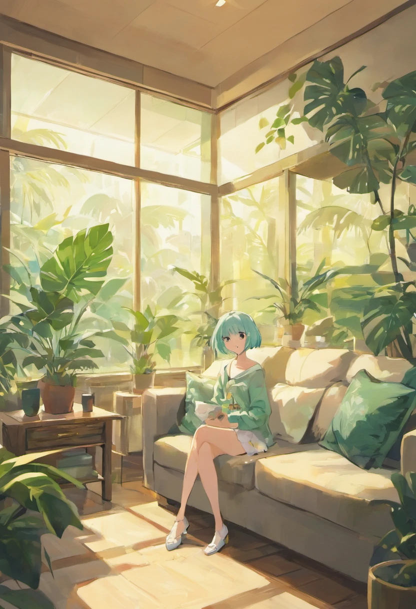 In the large bright living room,carding、Coffee table minimalist style,In the middle is a large pot of white monstera、Rong Qinha、Tropical plants