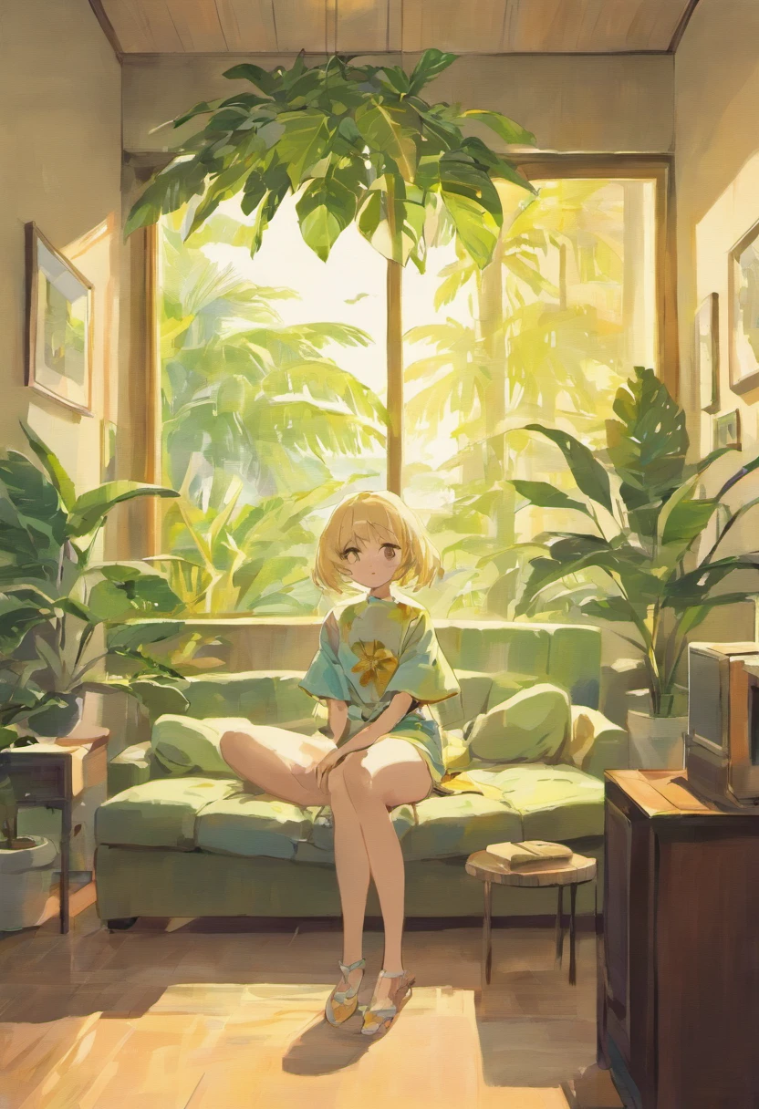 In the large bright living room,carding、Coffee table minimalist style,In the middle is a large pot of white monstera、Rong Qinha、Tropical plants