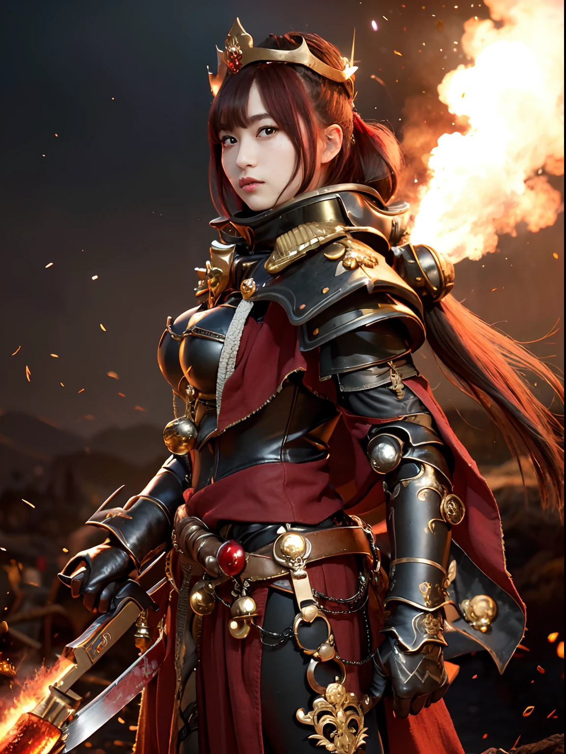 (Bleeding from the head), Professional , masterpiece、top-quality、photos realistic , depth of fields (Gemstone Black Metal Body:1.4),(Matte Black、Toostock、(cleavage of the breast)、((Random Hairstyles 1.5),Dark Fantasy,)explosions、intense fighting、Blood on the face,Blood Rain,Blood fog(blood splattere:1.9),Dragon Gold Weapon,Mystical expression、Particles of light、Fight dragons、(Dragon Metal Body:1.4),Gorgeous Silver Weapons ,(( Dragon's dense and gorgeous sword)) , Beautiful knife ,warhammer 40k , adepta sororitas,Detail and gorgeous crown、((Red hair))、(Castle background)、、((Gangle's forest background))、Beautiful Caucasian beauty、1a person、dynamic ungle,(((Detailed and ornate Black Devil Crown)))、Smaller head、A smile、Castle background、Thin and beautiful female hands、cleavage of the breast、Soldier in iron armor on background、Mystical expression、Light Effects、intense fighting、Wind-effect、magic circles、With the legendary magic wand、(demonic wings)、