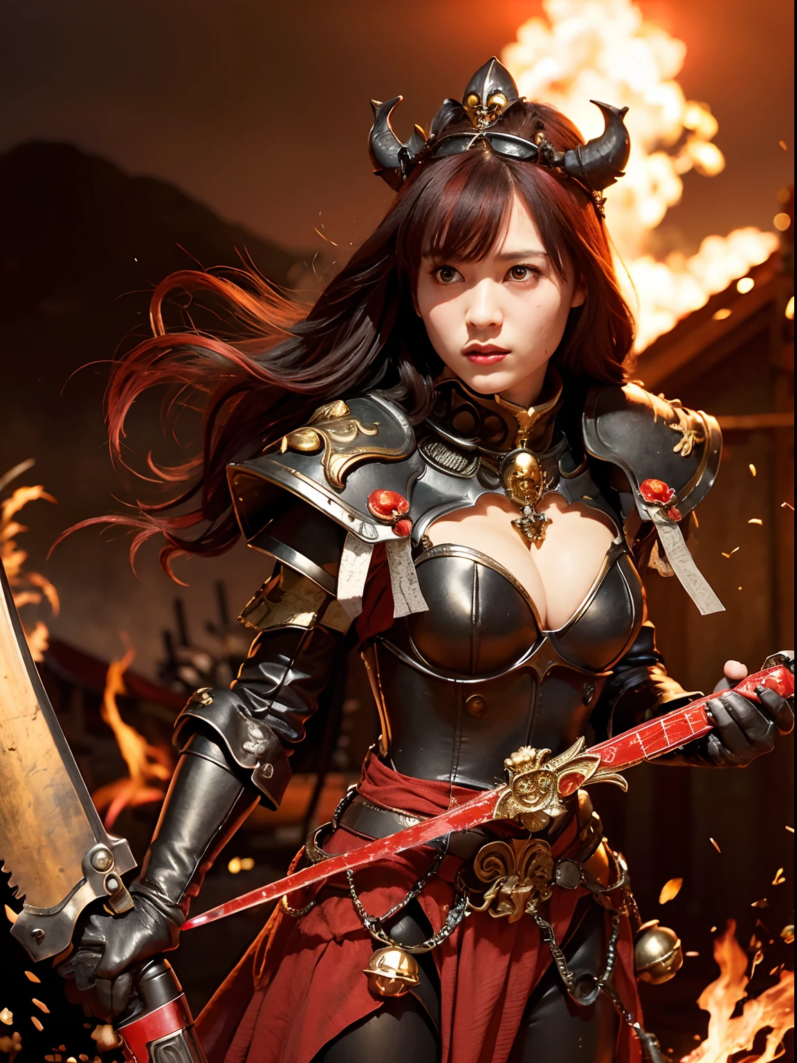 (Bleeding from the head), Professional , ​masterpiece、top-quality、photos realistic , depth of fields （Gemstone Black Metal Body:1.4),(Matte Black、Toostock、（cleavage of the breast）、（(Random Hairstyles 1.5),Dark Fantasy,）explosions、intense fighting、Blood on the face,Blood Rain,Blood fog（blood splattere：1.9),Dragon Gold Weapon,Mystical expression、Particles of light、Fight dragons、（Dragon Metal Body:1.４),Gorgeous Silver Weapons ,（（ Dragon's dense and gorgeous sword）） , Beautiful knife   ,warhammer 40k , adepta sororitas,Detail and gorgeous crown、（（Red hair））、（Castle background）、、（（Gangle's forest background））、Beautiful Caucasian beauty、１a person、dynamic ungle,(((Detailed and ornate Black Devil Crown)))、Smaller head、A smile、Castle background、Thin and beautiful female hands、cleavage of the breast、Soldier in iron armor on background、Mystical expression、Light Effects、intense fighting、Wind-effect、magic circles、With the legendary magic wand、（demonic wings）、