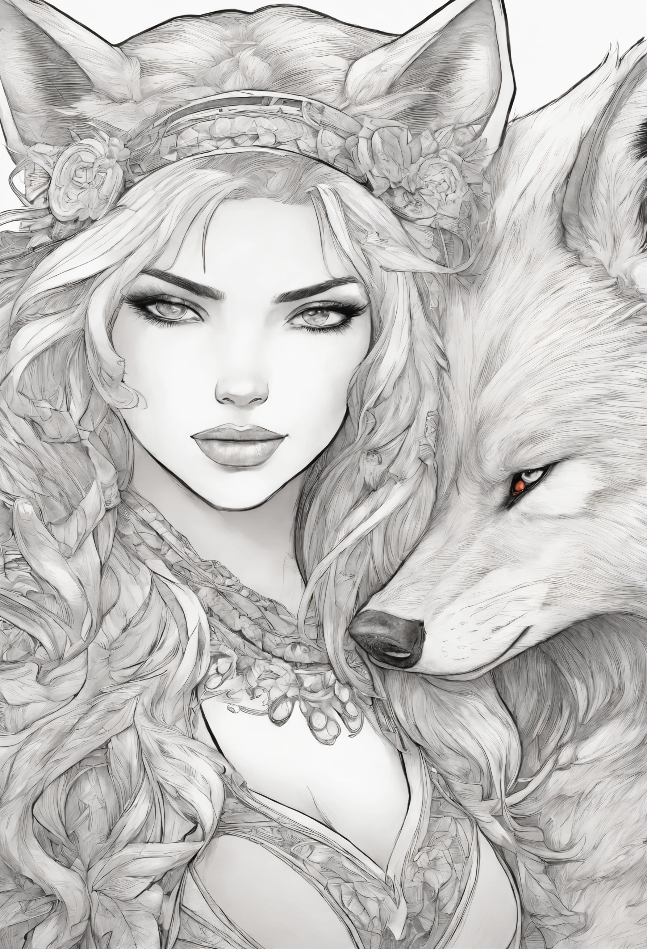 a close up of a woman with a tattoo on her chest next to a wolf, wlop and artgerm, wolf companion, furry fantasy art, realistic fantasy illustration, intricate wlop, black and white, inspired by Magali Villeneuve, detailed matte fantasy portrait, female anthropomorphic wolf, artgerm and wlop, in style of wlop