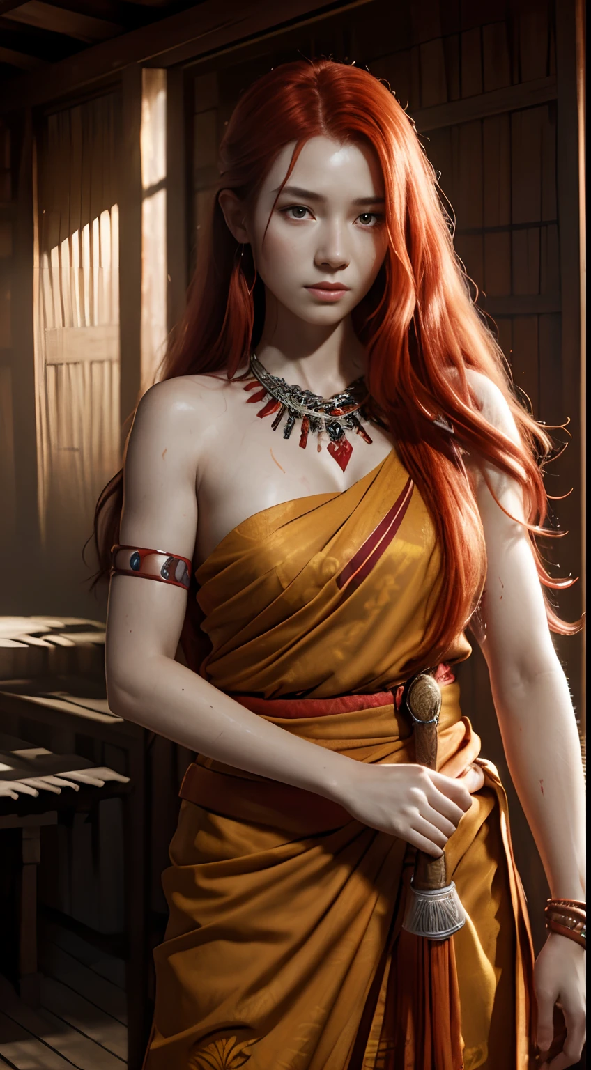 (A 20 years old female shaman), (long red hair), (pale skin), (detailed oily and sweaty skin), (wearing bright red batik sarong dress), (wielding a kris blade in her hand), (dimly light wooden wall room with offerings), dynamic pose, chiaroscuro lighting, photo realism, intricate face detail, intricate hand details, highly detailed, vibrant colors, cinematic, 8k, trending on Artstation--style raw