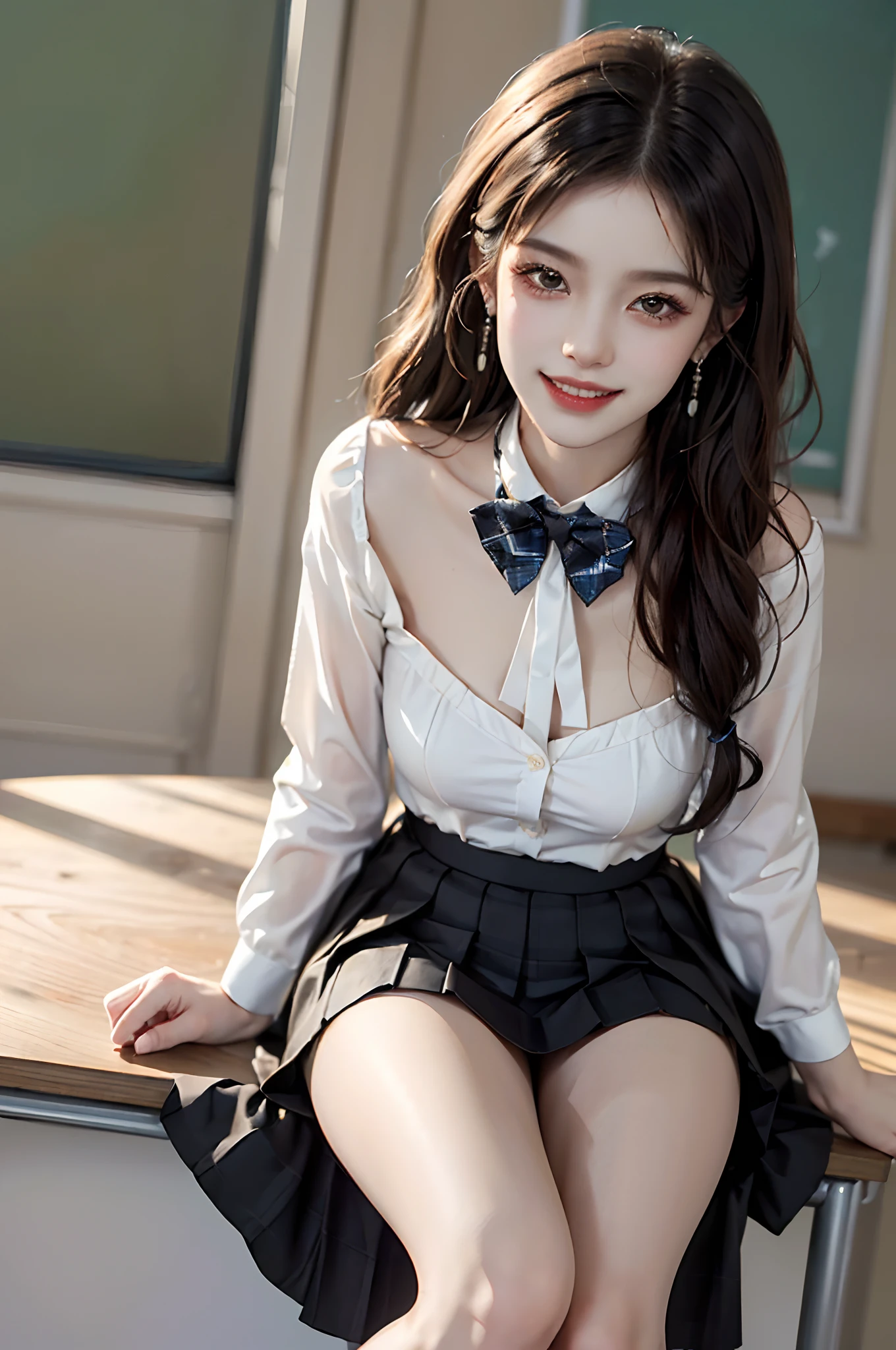 ((full body)), ((Parallel perspective)), ((realistic)), 1girll, Asian model, slim, ((In black suit, neck bowtie, White pleated skirt)), Campus style, (Classroom, Sit Pose, sittinng on the desk), (warm lights, a warm color palette), Detailed details, ultra-detailliert, (tmasterpiece, best qualtiy), (An extremely delicate and beautiful work), Delicate earrings, Simple blurred background, Extreme detail description, Ultra-fine painting, Delicate face, slim toned body, (grin, Baring teeth)