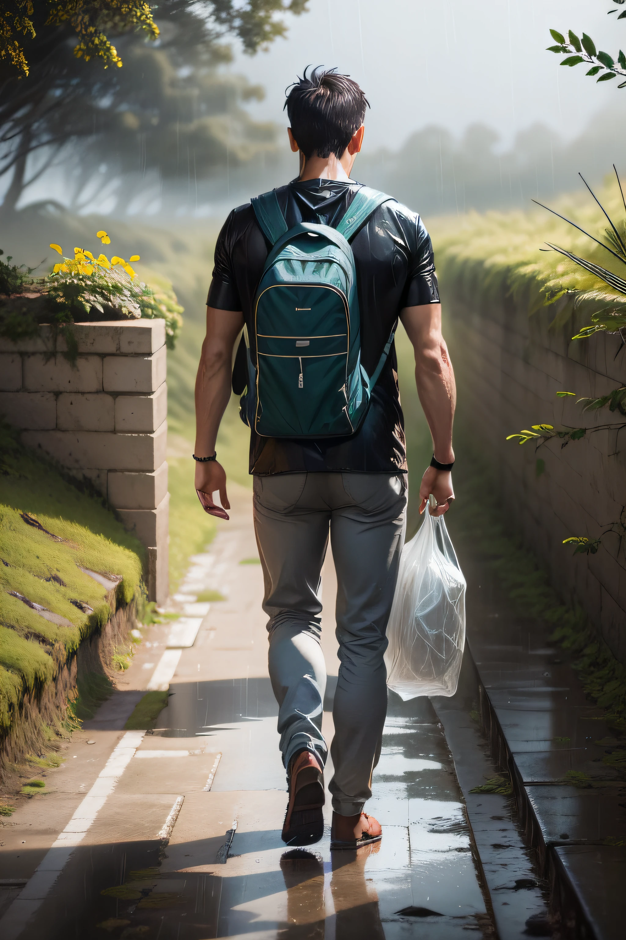 a man walking alone on a rainy day in nature, best quality, HDR, detailed raindrops, wet foliage, moody atmosphere, cinematic, monochromatic tones, soft backlight, introspective, contemplative expression, misty landscape