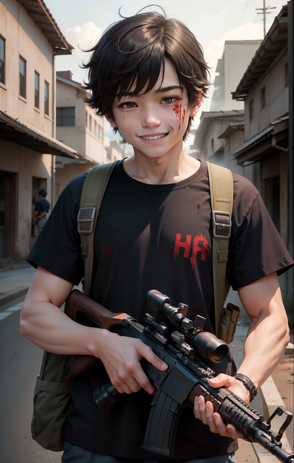Short highschool boy, smiling, aiming with sniper rifle, stained blood shirt, apocalypse style