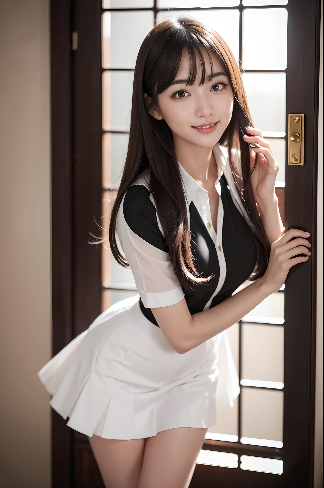 araffe asian woman in a skirt posing for a picture, a hyperrealistic schoolgirl, with a seductive smile、masterpiece, 1 beautiful girls, detaileds, top-quality, 超A high resolution, (Realistis: 1.4), OriginalPhotographs, 1girl in, 电影灯光, A smile, Asian Beauty, very extremely beautiful, Slightly younger face, Beautiful skins, slender, (A hyper-realistic), (illustratio), (hight resolution), (8K), (ighly detailed), (The best illustrations), (beautifully detailed eyes), (ultra-detailliert), (wall-paper), (详细的脸), looking at the viewers, fine detailed, A detailed face、deep-shadows、Unobtrusive、pureerosfaceace_v1、A smile、46-point diagonal bangs、Halloween miniskirt costumes、beautidful eyes、Open your mouth