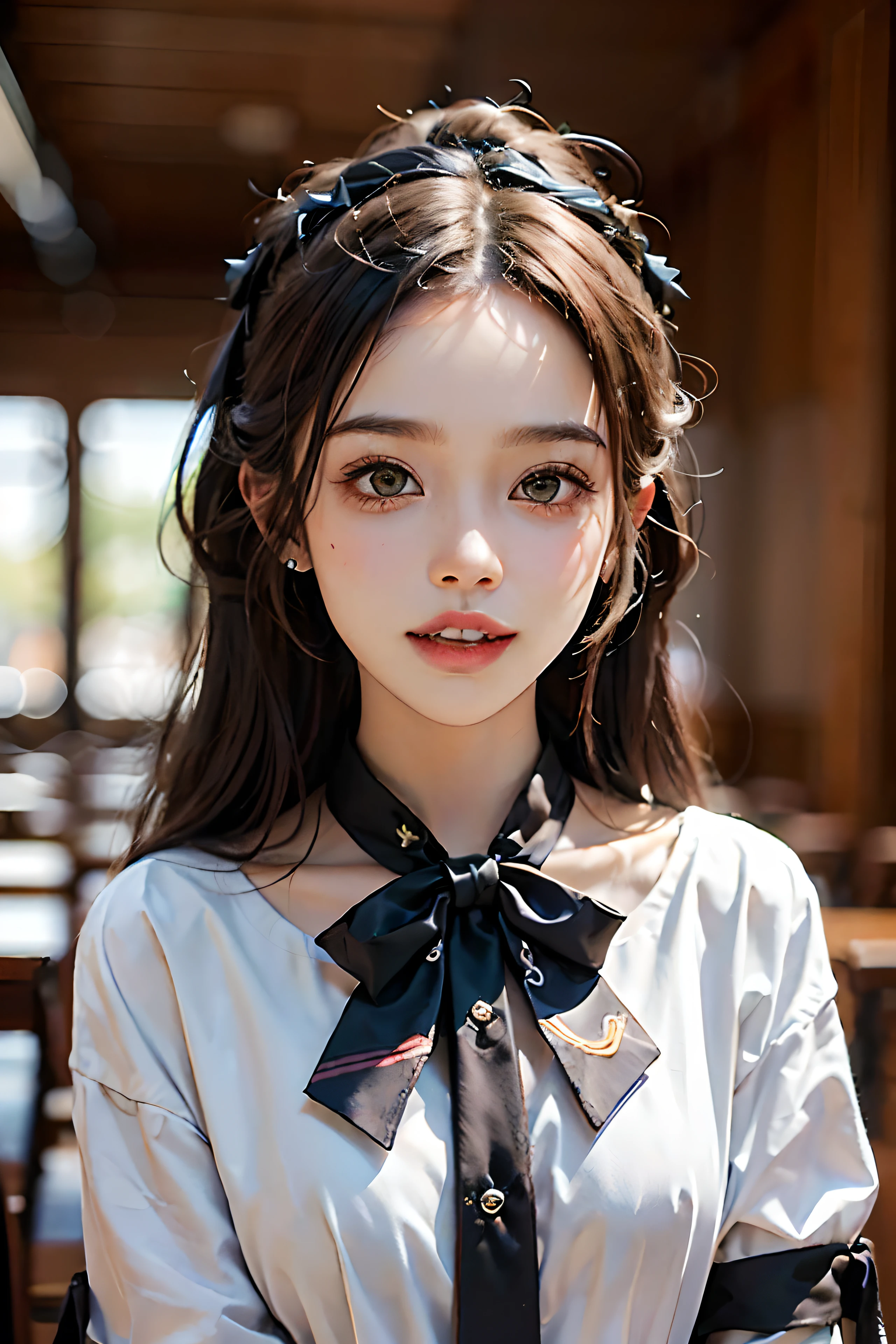 ((corpo inteiro)), ((Random shooting angle)), ((olhando para o espectador)) ((Realistic)), 1 cinta, Asian model, esguio, ((em terno preto, bow neck tie, Saia plissada branca)), Estilo do campus, (Sala de aula, Sente-se Pose, sentar na mesa), (luzes quentes, uma paleta de cores quentes), Detalhes detalhados, hiper-detalhado, (tmasterpiece, melhor qualidade), (Um trabalho extremamente delicado e bonito), brincos delicados, fundo desfocado simples, extreme detail description, pintura ultrafina, rosto delicado, corpo magro tonificado, (sorriso, Dentes desnudados)
