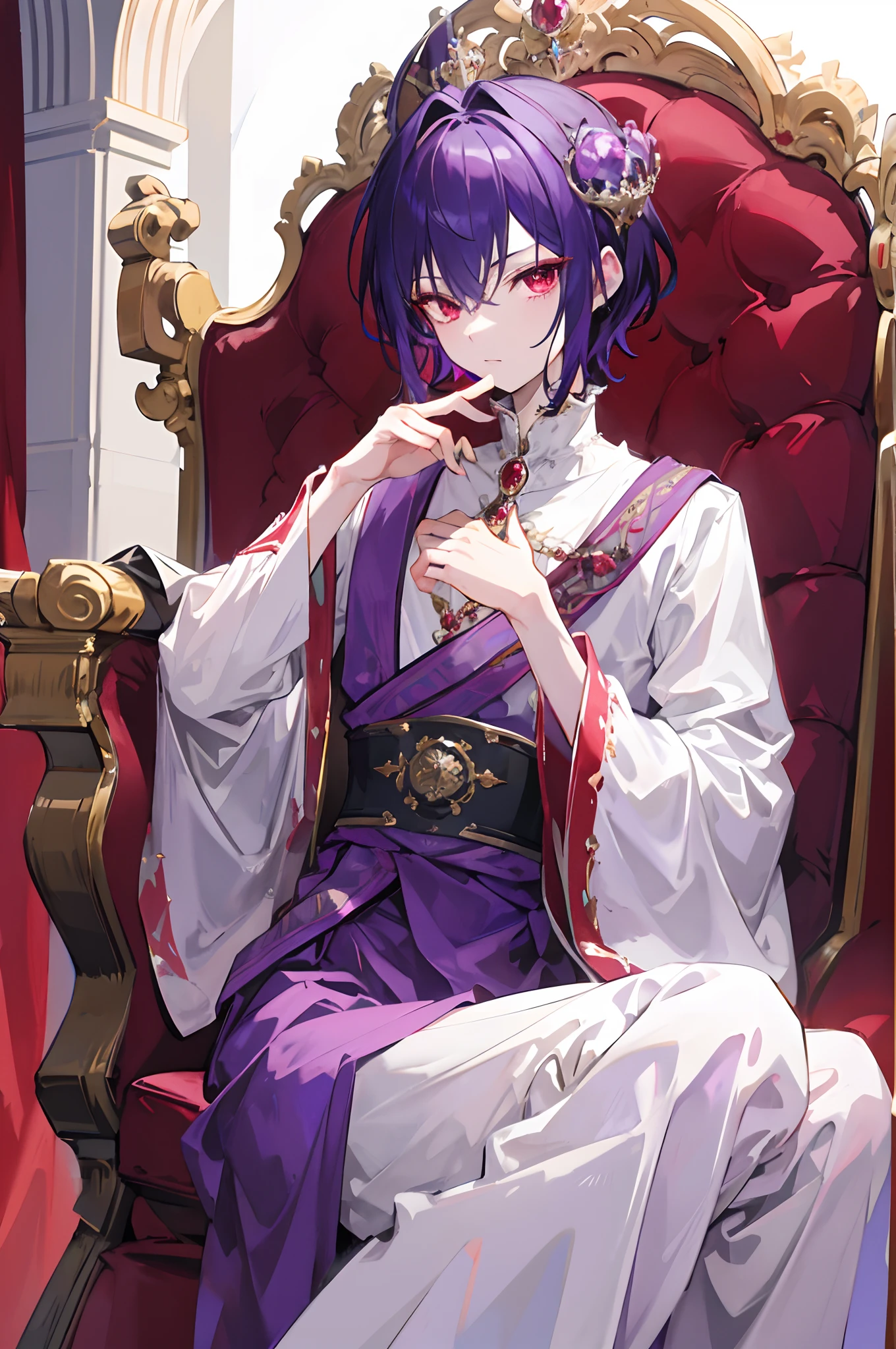 1boy, Prince, Short dark purple male hair, Red eyes, 1 Hands petting the cat, Wear royal wear, diadems, a throne, absurderes, hight resolution, ultrasharp, 8K, masutepiece, Looking at Viewer