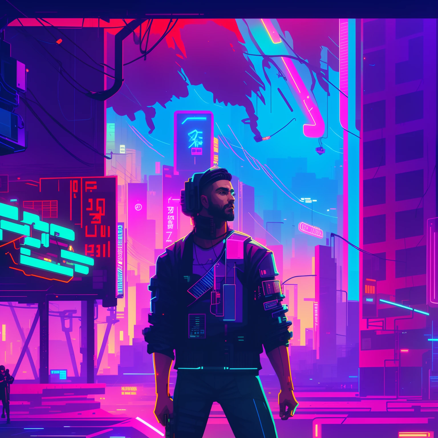 A man stands in the middle of a city street, cyberpunk artstyle, cyberpunk vibrant colors, cyberpunk artstyle, A masterpiece of epic retrowave art, cyberpunk atmosphere, cyberpunk themed art, cyberpunk atmosphere, Epic retrowave art, Cyberpunk pixel art, Neon Cyberpunk, Retrowave-epic art, Synthwave art style, cyberpunk neon, cyberpunk art, Retro Cyberpunk