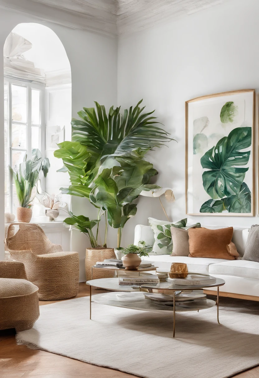 In the large bright living room，carding、Coffee table minimalist style，In the middle is a large pot of white monstera、Rongqinha、Tropical plants