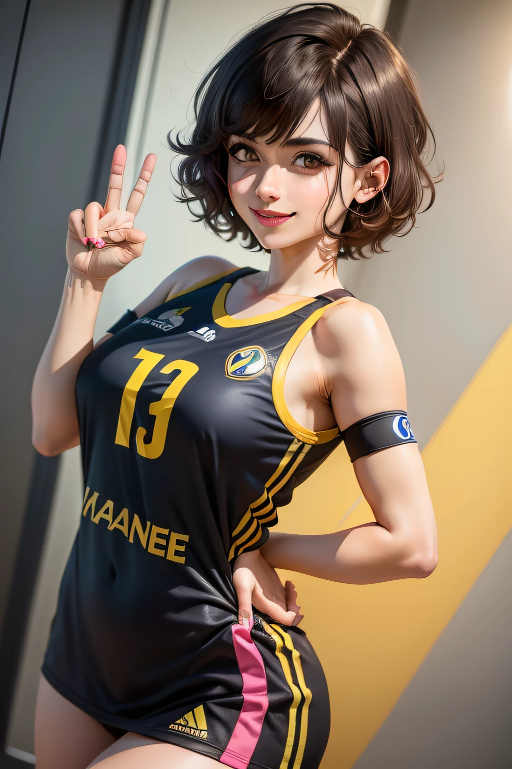 there is a woman with a pink top and a pink miniskirt, short brown hair and large eyes, androgynous face, with short hair, curly pixie hair, curly pixie cut hair, headshot of young female furry, halfbody headshot, black hair and large eyes, around 1 9 years old, androgynous person, profile image, small lips pointy nose, realistic body structure, She is wearing Fenerbahçe's jersey, a dark blue with yellow stripes design, making the 6 sign with her hands, smiling with her teeth showing and her teeth being white, showing some adult body lines