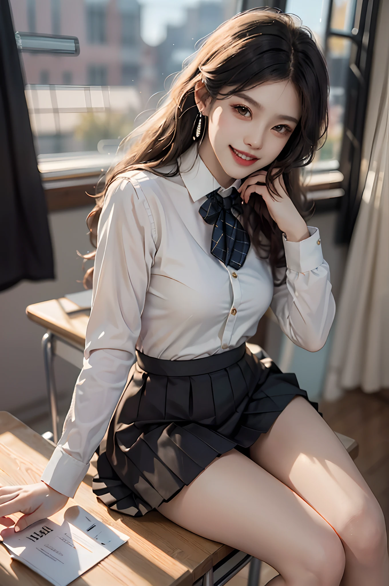 ((full body)), ((Parallel perspective)), ((realistic)), 1girll, Asian model, slim, ((In black suit, neck bowtie, White pleated skirt)), Campus style, (‎Classroom, Sit Pose, sittinng on the desk), (warm lights, a warm color palette), Detailed details, ultra-detailliert, (tmasterpiece, best qualtiy), (An extremely delicate and beautiful work), Delicate earrings, Simple blurred background, Extreme detail description, Ultra-fine painting, Delicate face, slim toned body, (grin, Baring teeth)