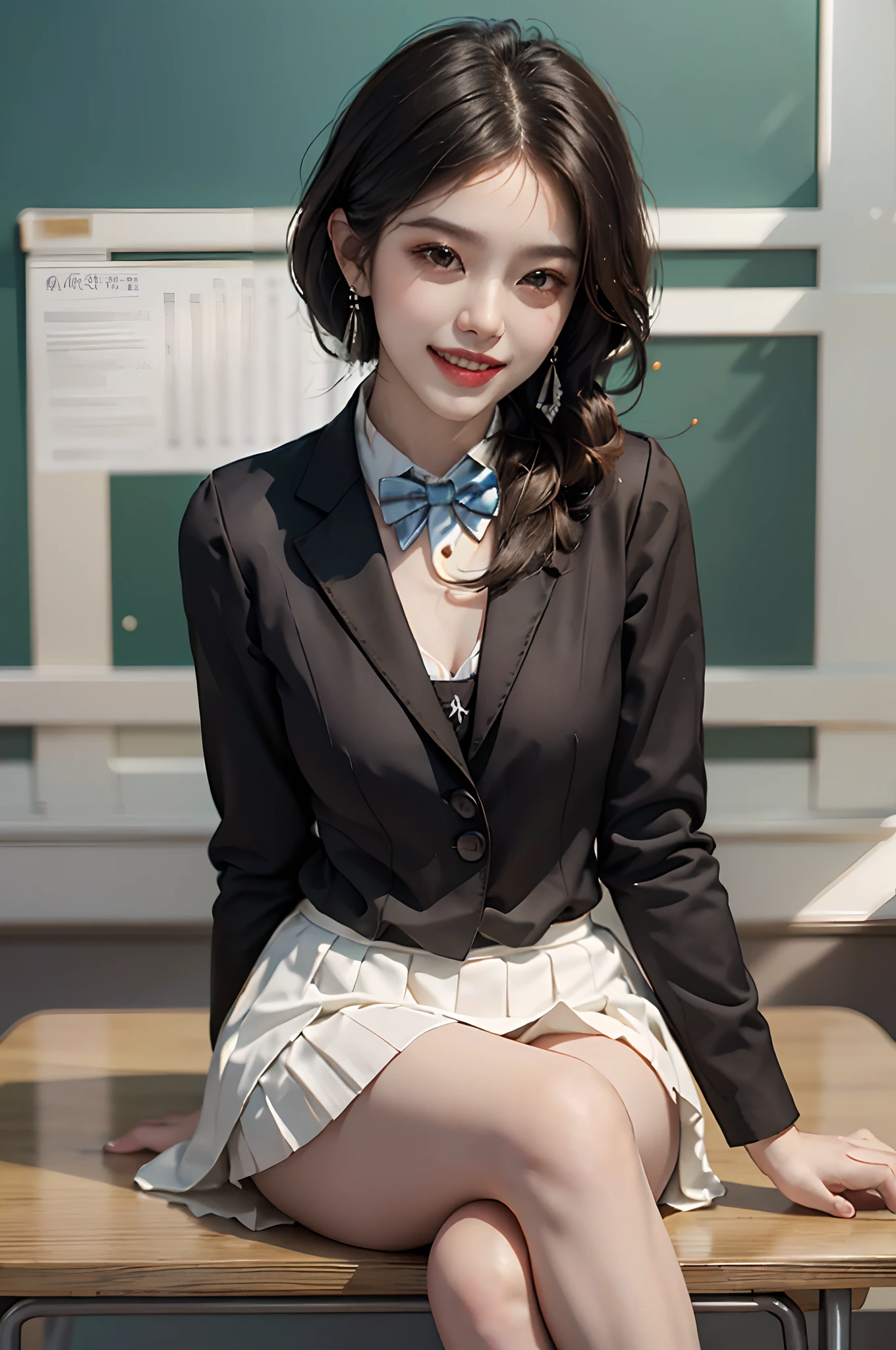 ((full body)), ((Parallel perspective)), ((realistic)), 1girll, Asian model, slim, ((In black suit, neck bowtie, White pleated skirt)), Campus style, (Classroom, Sit Pose, sittinng on the desk), (warm lights, a warm color palette), Detailed details, ultra-detailliert, (tmasterpiece, best qualtiy), (An extremely delicate and beautiful work), Delicate earrings, Simple blurred background, Extreme detail description, Ultra-fine painting, Delicate face, slim toned body, (grin, Baring teeth)