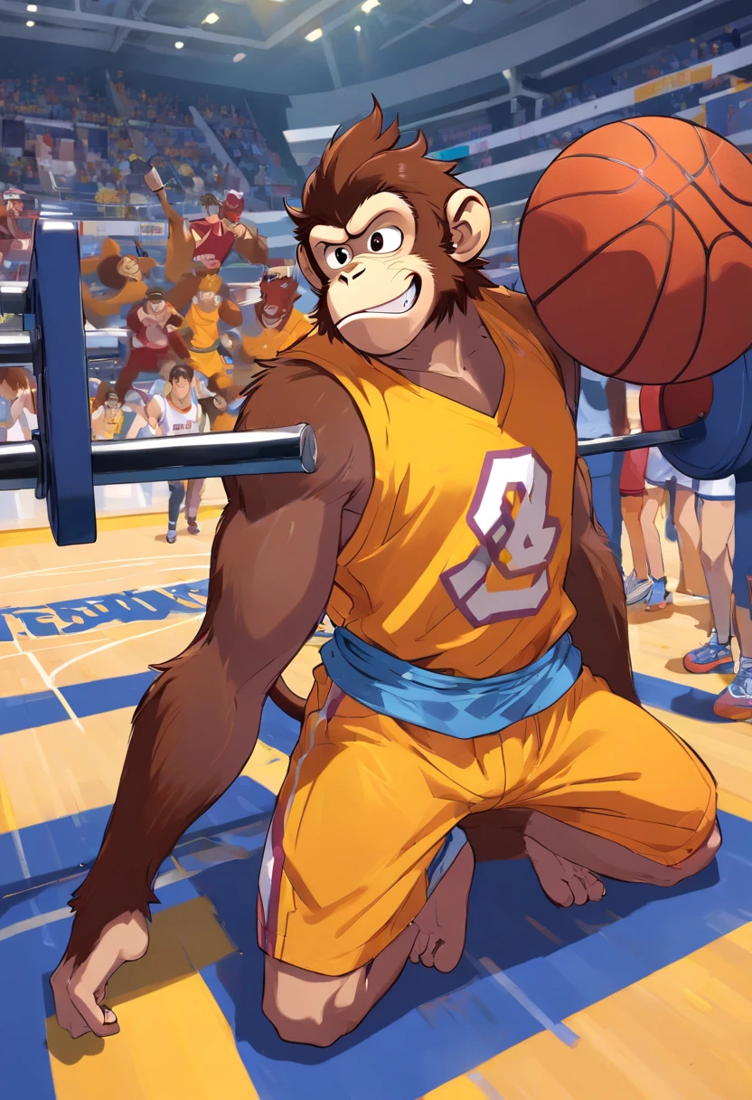(Bench press Monkey King paints fiercely in the basketball g gym.)