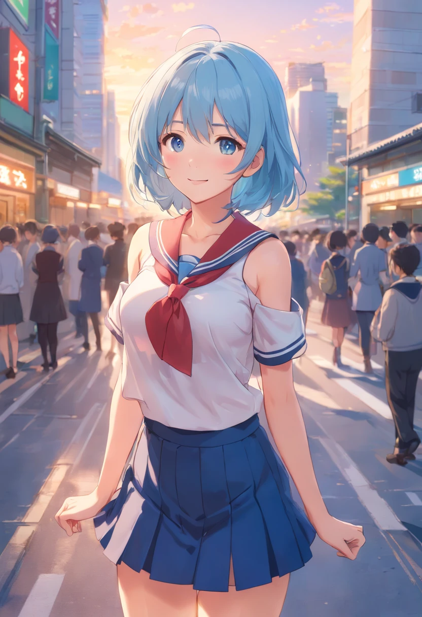 The chest is particularly large, schoolgirl, sailor school uniform, Japanese schoolgirl, 
smiling,  ((blushing)), close-up, pov, focused in face and chest, (Masterpiece, Top quality, Perfect ???????, Beautiful face, Realistic, Super detailed, 1 girl, 18 Ears of Old Age solo, Depth of field, Canon 24mm lens, F1.4, Cute_Girl, neck choker, Clear facial features,, large breasts, huge breasts, Slender height, 180cm tall, Barefoot, short light blue hair, blue eyes , Gravure pose, indoor, city park Blurred background, (uwabaki: 1.1576),