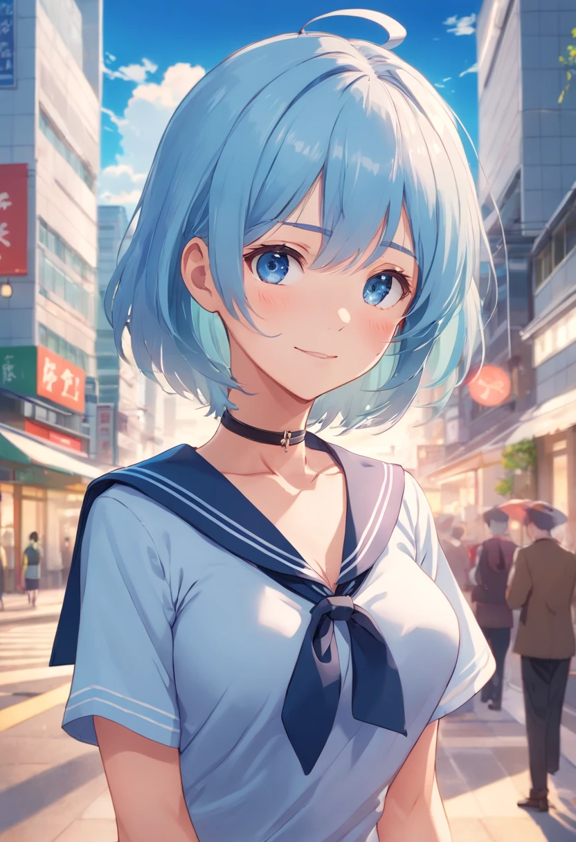 The chest is particularly large, schoolgirl, sailor school uniform, Japanese schoolgirl,
smiling, ((blushing)), close-up, pov, focused in face and chest, (Masterpiece, Top quality, Perfect anatomy, Beautiful face, Realistic, Super detailed, 1 girl, 18 Ears of Old Age solo, Depth of field, Canon 24mm lens, F1.4, Cute_Girl, neck choker, Clear facial features,, large breasts, huge breasts, Slender height, 180cm tall, Barefoot, short light blue hair, blue eyes , Gravure pose, indoor, city park Blurred background, (uwabaki: 1.1576),