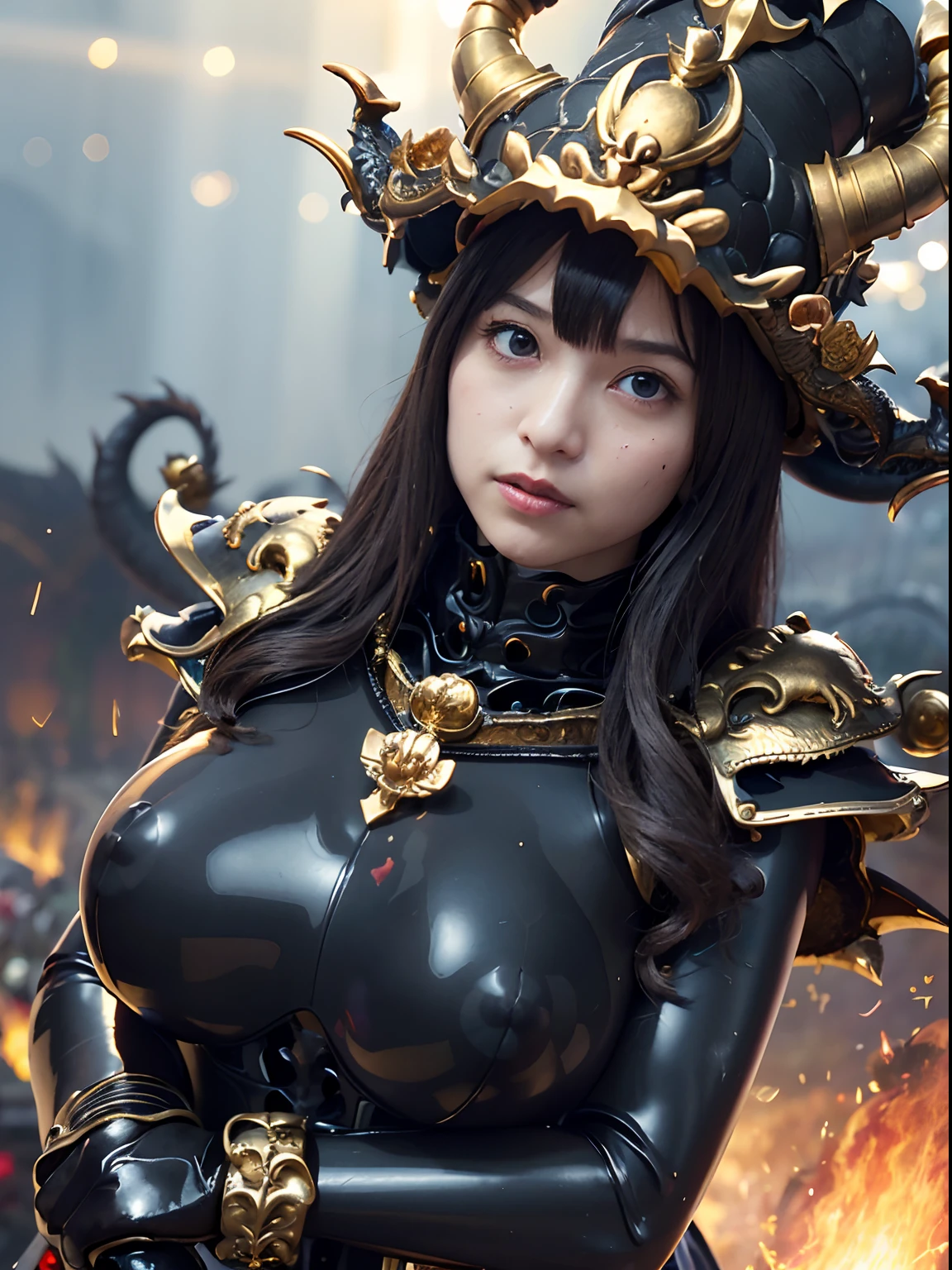 ((World of Darkness)),Professional , ​masterpiece、top-quality、photos realistic , depth of fields 、（Dragon Black Metal Body:1.４),(latex black-blue、（cleavage of the breast）、Dragon Gold Weapon、(((Particles of light))),（Micro Bikini Armor:1.４),Gorgeous gold weapons ,（Fight dragons）、Seductive look、,Blood on the face,Blood Rain,Blood fog、（blood splattere：1.9)、（（magic circles、With the legendary magic wand、 ）） , (((Wearing a black latex wizard hat))),（demonic wings）   ,Detail and gorgeous crown、（（a blond））、（Castle background）、（（Gangle's forest background））、Beautiful Caucasian beauty、１a person、dynamic ungle,(((Detailed and ornate dragon wizard hat helmet)))、Smaller head、A smile、Castle background、Thin and beautiful female hands、cleavage of the breast、Soldier in iron armor on background、Mystical expression、Light Effects、intense fighting、Wind-effect、magic circles、With the legendary magic wand、Dragon's tail、explosions、