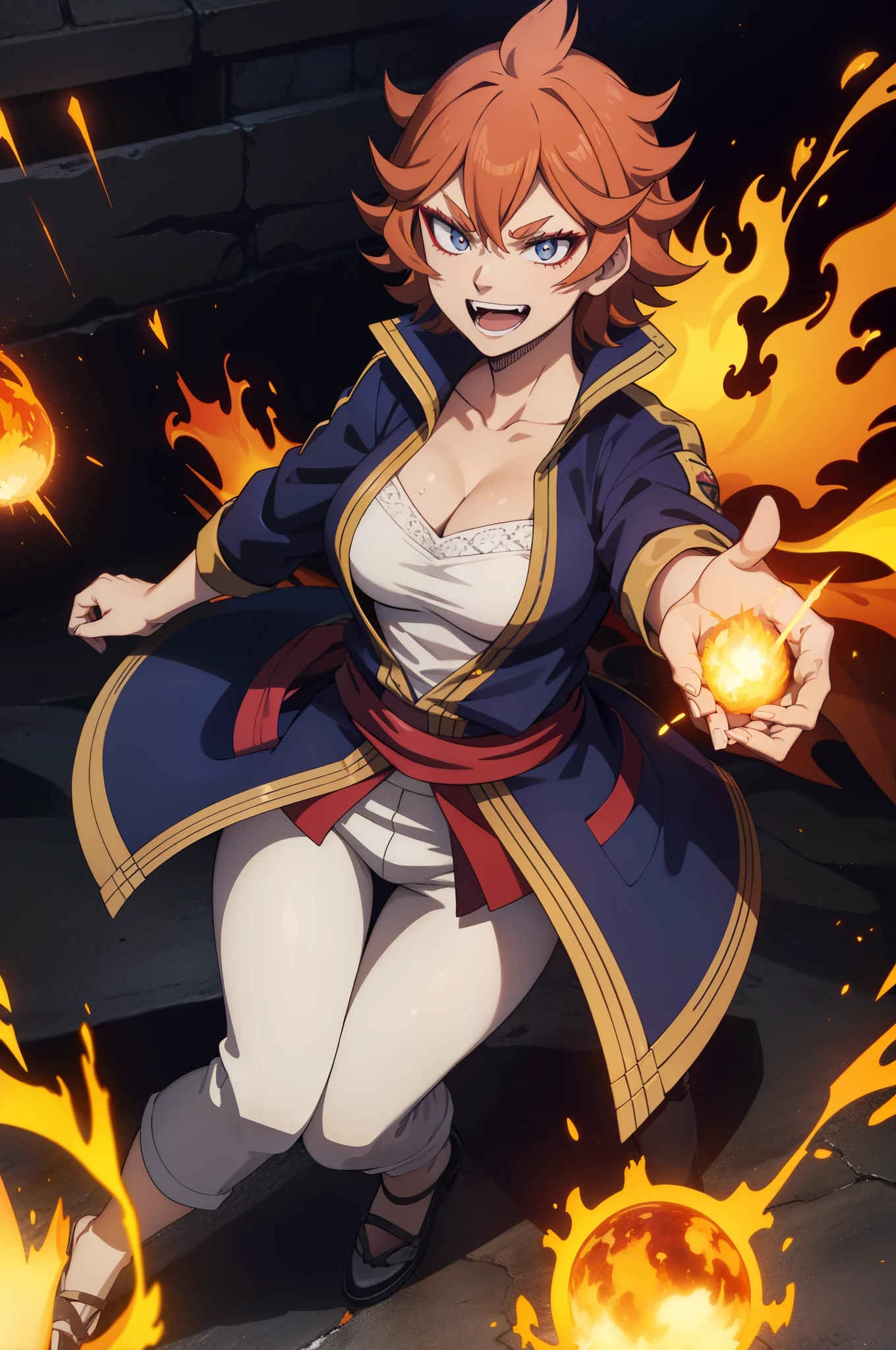 best quality mereoleona fang, 1girl, solo, short hair, smile, full body standing, foreshortening, teeth, open mouth smile, grimoire (swirling fire:1.1) (explosion:1.2), clenched hands, spread arms, :D , from above, looking up, meroutfit4, blue jacket, long jacket, open clothes, white shirt, white pants, red sash, gold trim, popped collar, cleavage, lava floor , thick outlines, thick lineart