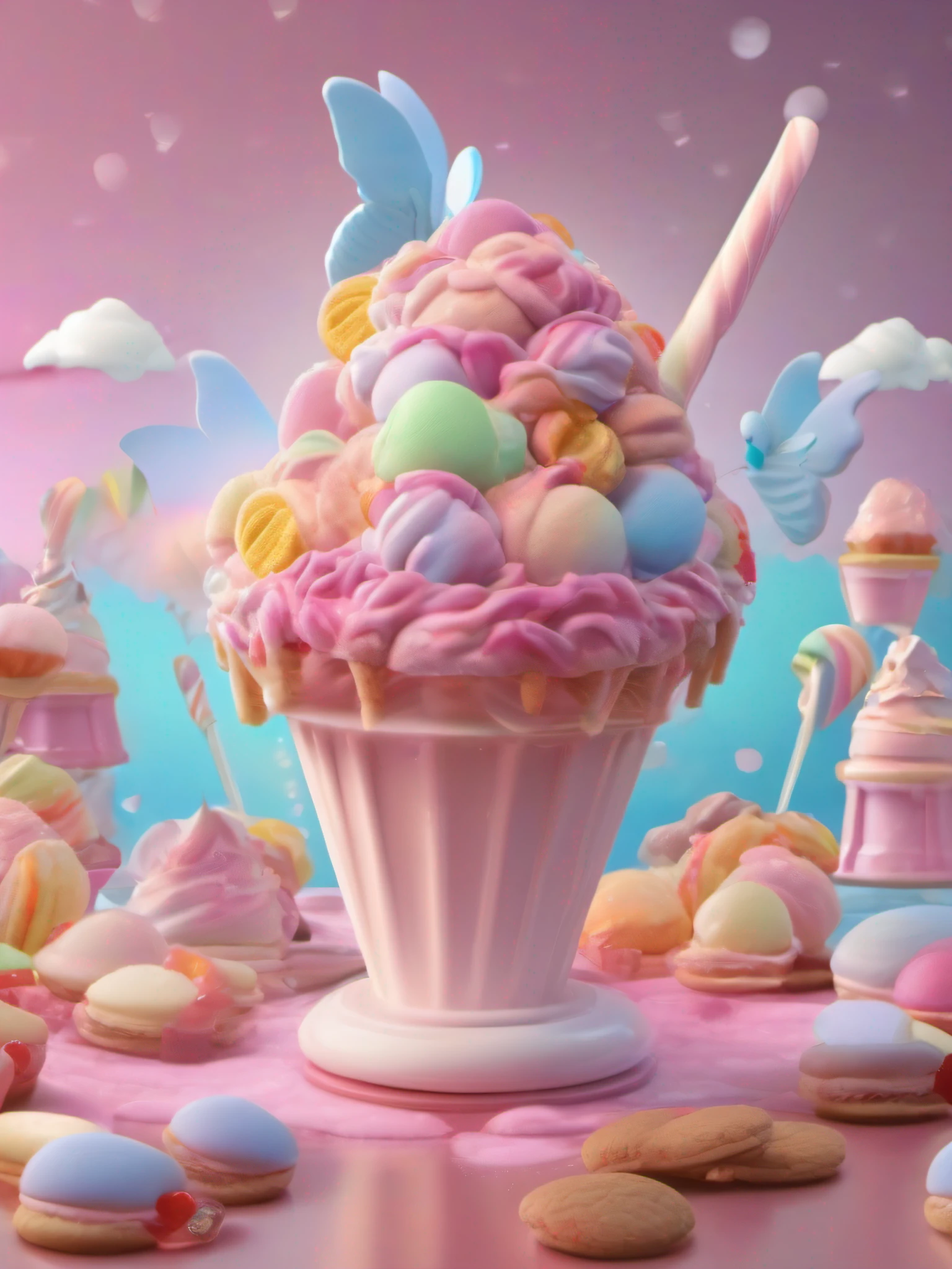 "Ice cream Concept" (best quality,4k,8k,highres,masterpiece:1.2),ultra-detailed,(realistic,photorealistic,photo-realistic:1.37),Ice Cream Fantasy concept visual artwork,illustration,creative dessert,fantasy world,delicious treats,playful atmosphere,colorful dreamlike scene,magical dessert land,enchanting ice cream sculptures,floating cotton candy clouds,luscious chocolate rivers,mystical candy trees,giant rainbow lollipops,butterfly-shaped ice cream cones,pastel-colored macarons,sprinkles that sparkle like stars,whimsical ice cream truck,sparkling sugar sculptures,frosted gingerbread house with ice cream walls,marshmallow snowmen with ice cream hats,towering ice cream sundae with flavors that change like the seasons,mesmerizing ice cream flavors like unicorn tears and stardust,vibrant colors that burst with flavor,surreal lighting that highlights the textures of the desserts,artistic interpretation of a dessert wonderland,immersive and dreamy experience