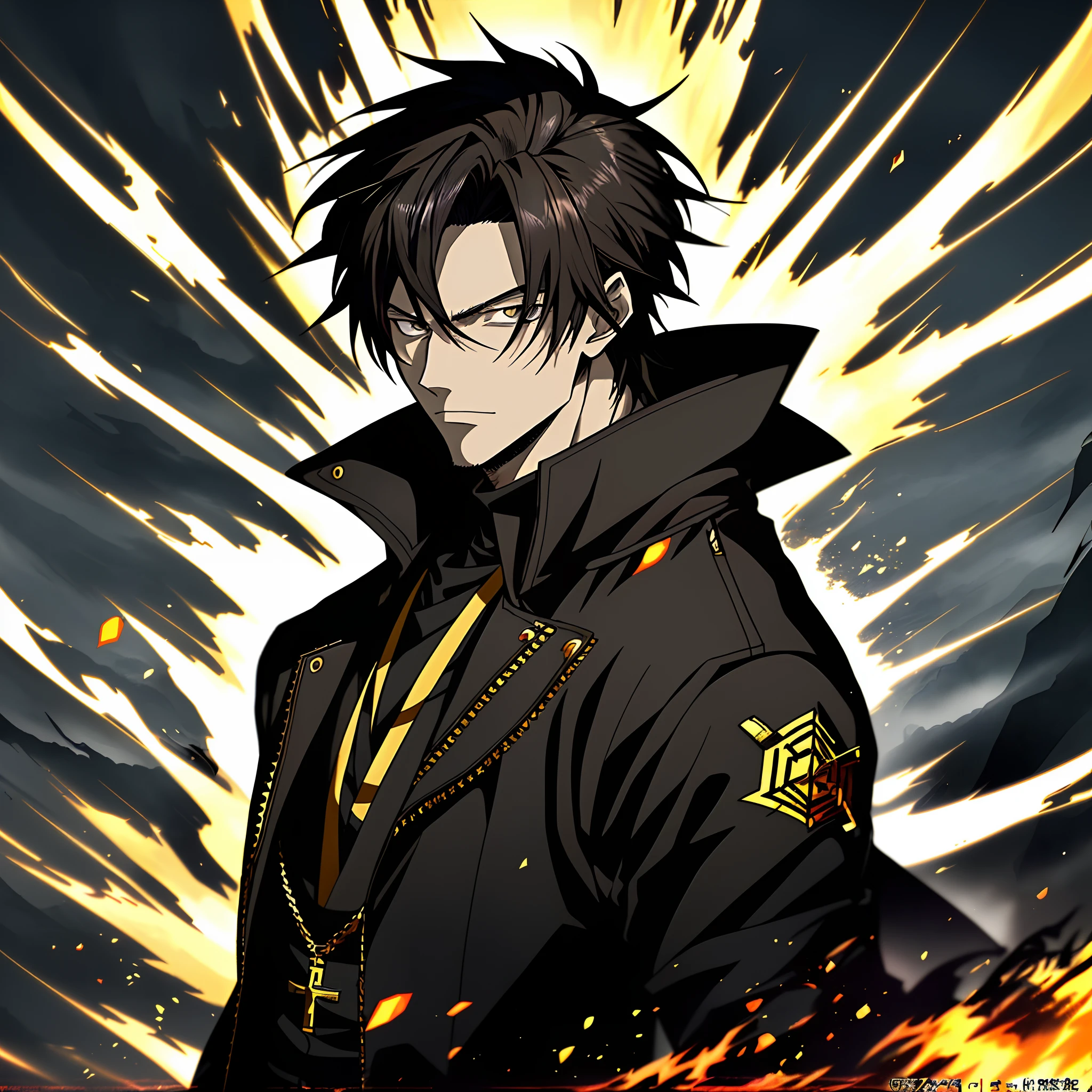 Anime man in a black coat,nigth, Black eyes,Black clouds,Anime handsome man, Anime portrait of a handsome man, anime concept hdr anime macmanus, Key anime art, male anime character