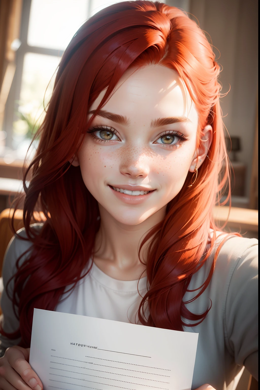 Gorgeous woman with red hair, Light freckles holds paper in front of him and smiles at the camera