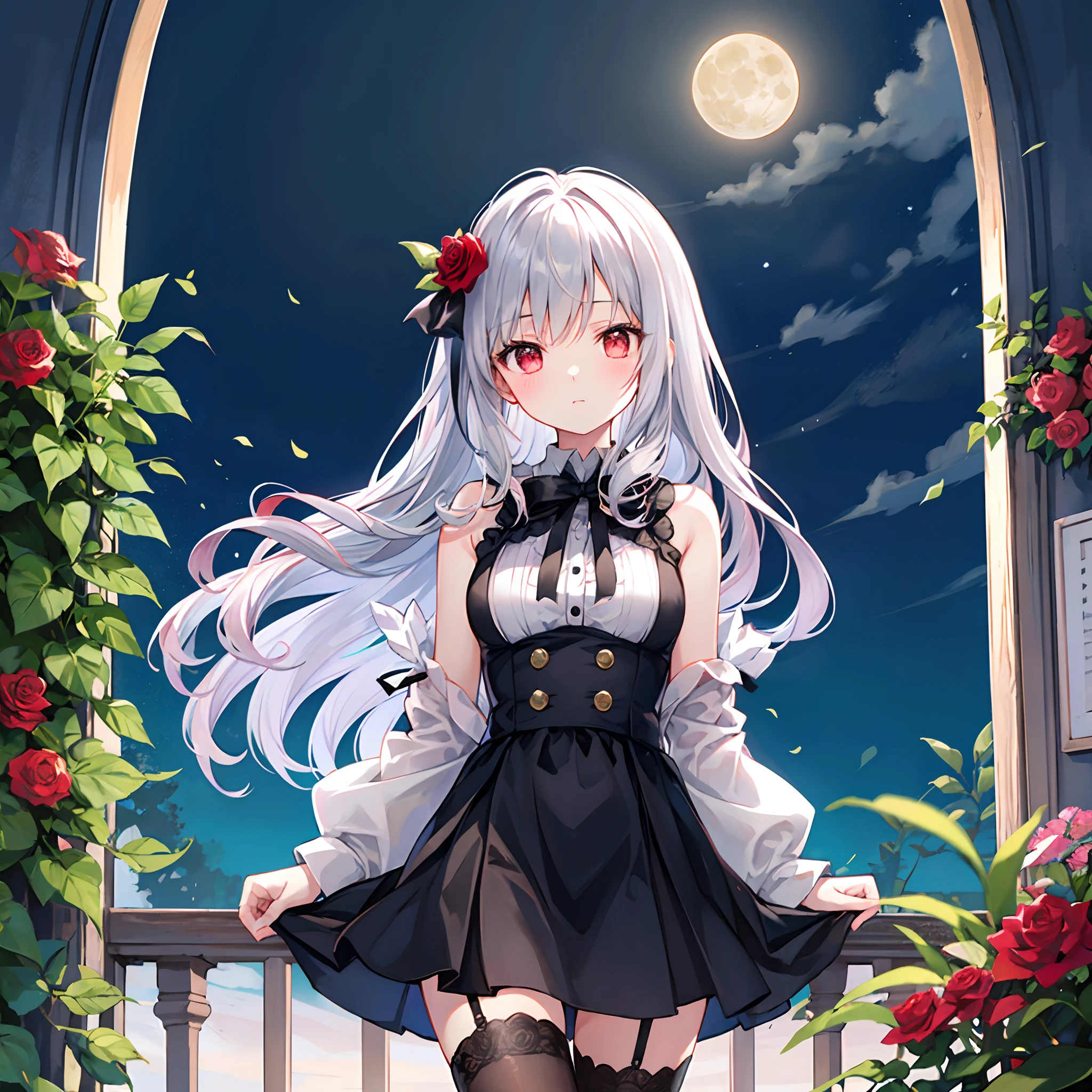 wavy silver hair、red eyes、Beautiful girl alone、Black fluffy dress、off shoulders、a miniskirt、Black tights、rose garden、a moon、bow ribbon