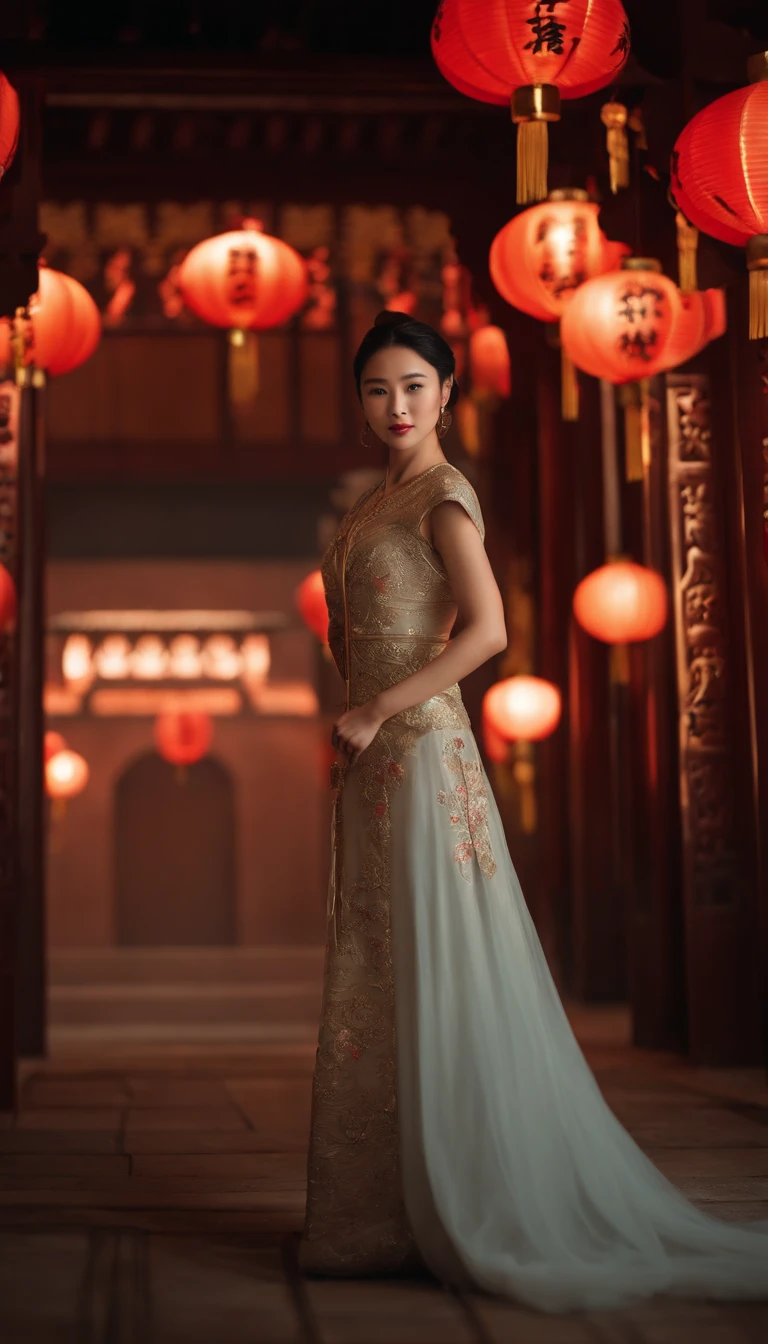 1womanl, 24 years of age，Chinese Beauty，((Focus above the thighs))，Star-studded beauty，Chinese costumes，Ancient Chinese court architecture，Chinese elements，the night，Countless lanterns，Front lighting，