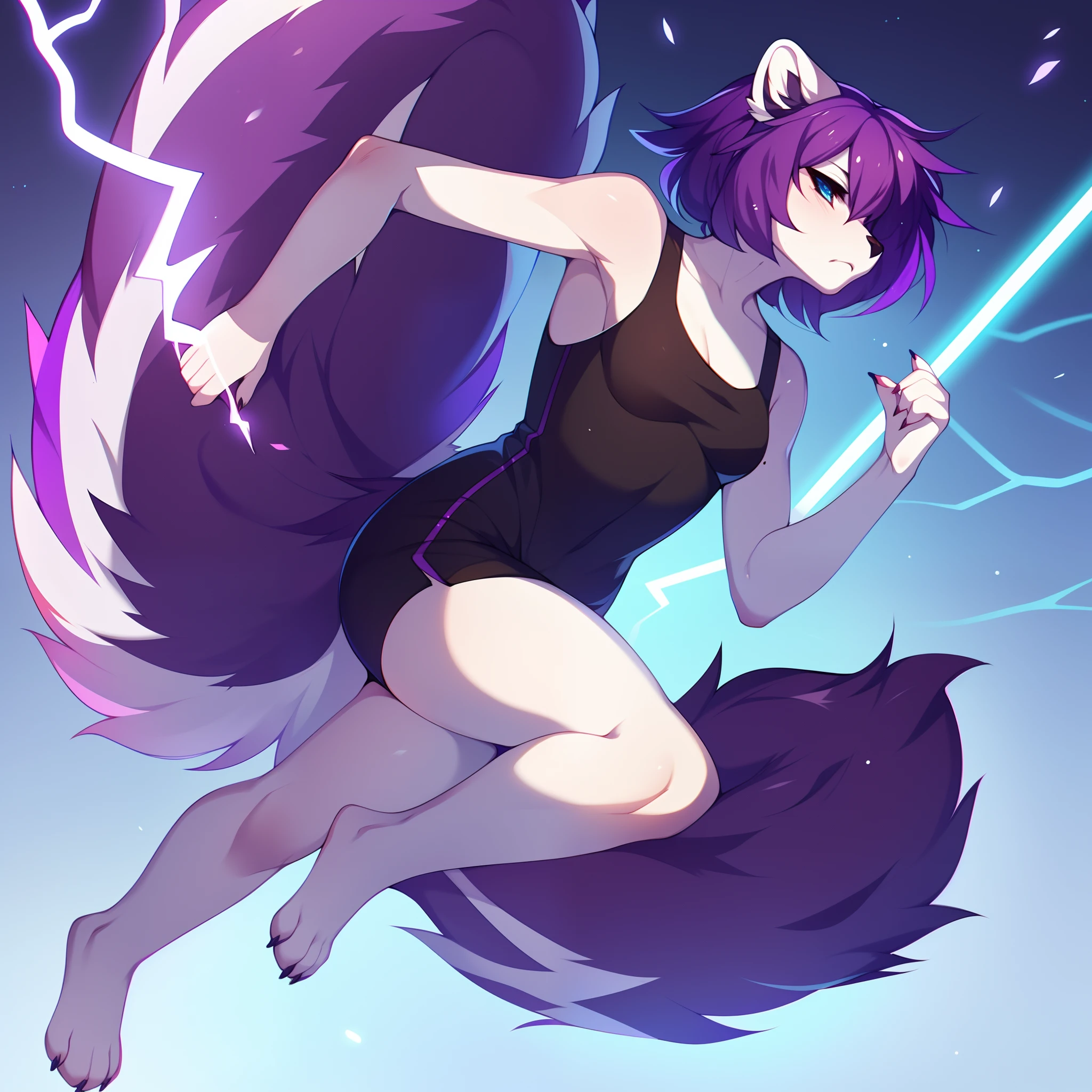 (By hyattlen, by fumiko, by claweddrip:1.2), solo, one girl, a purple anthro furry skunk girl, female, purple body, white chest, black nose, (snout:1.1), purple skunk tail, (very short dark purple hair), simple solid blue eyes, highly detailed, (small breasts), black tank top, black shorts, barefoot, paws, paw claws, 4 toes, running really fast, angry eyes, geinning, engulfed in lightning, leaving a trail of lightning behind her, speed lines, simple background