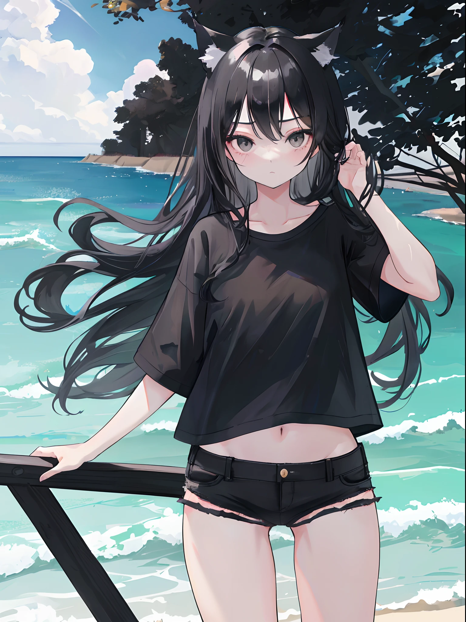 1girl, Long black hair, cat Ears, Black eyes, perfect face, wearing plain black shirt, denim shorts, ocean, silhouete,absurdres, high res, ultra sharp, 8K, masterpiece, looking at viewer