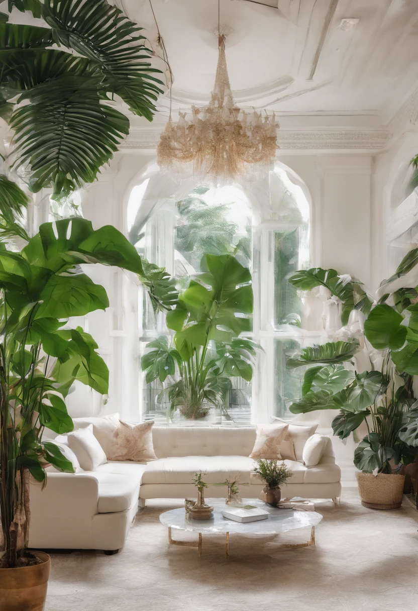 In the large bright living room,carding、Coffee table minimalist style,In the middle is a large pot of white monstera、Rongqinha、Tropical plants