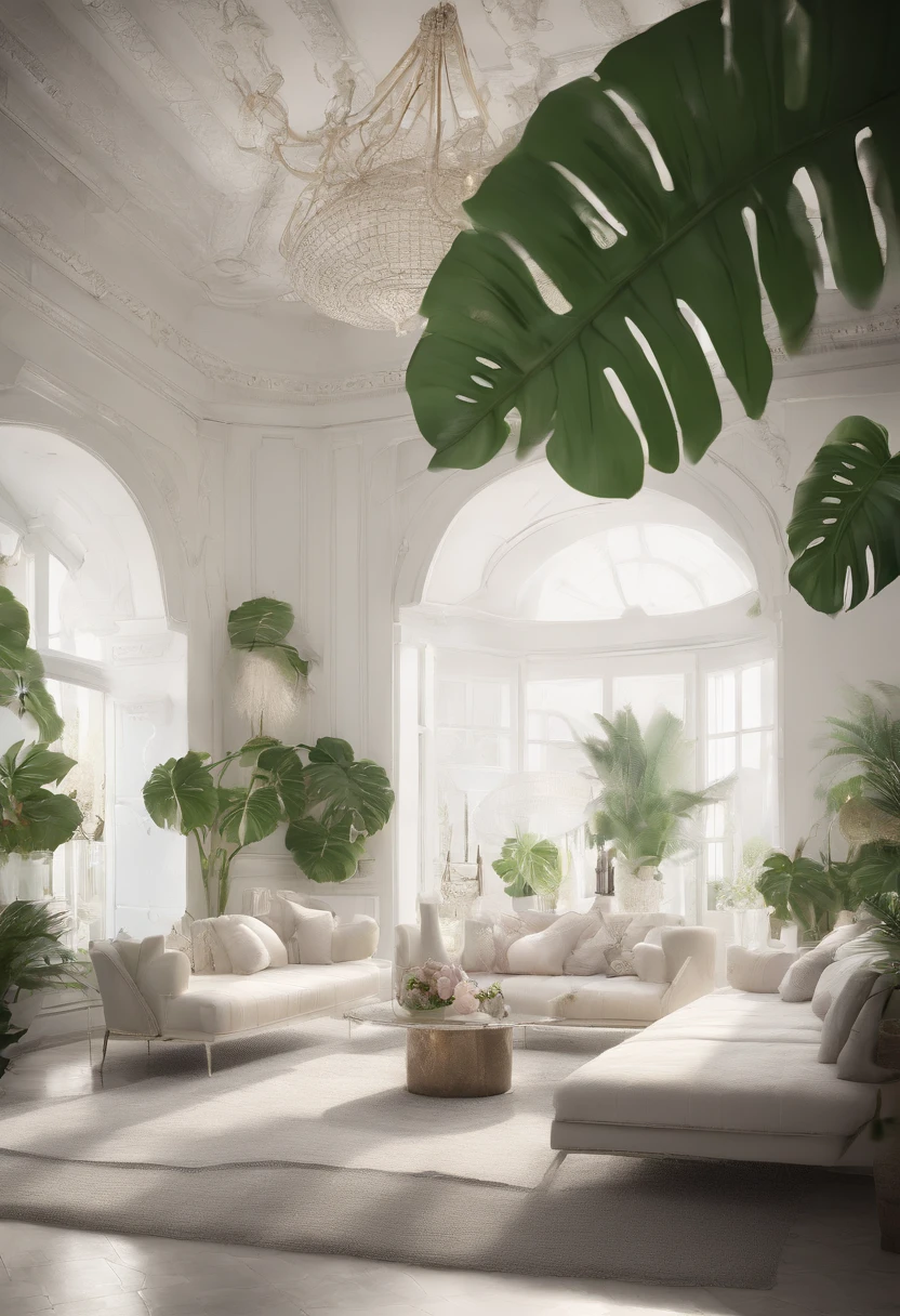 In the large bright living room,carding、Coffee table minimalist style,In the middle is a large pot of white monstera、Rongqinha、Tropical plants