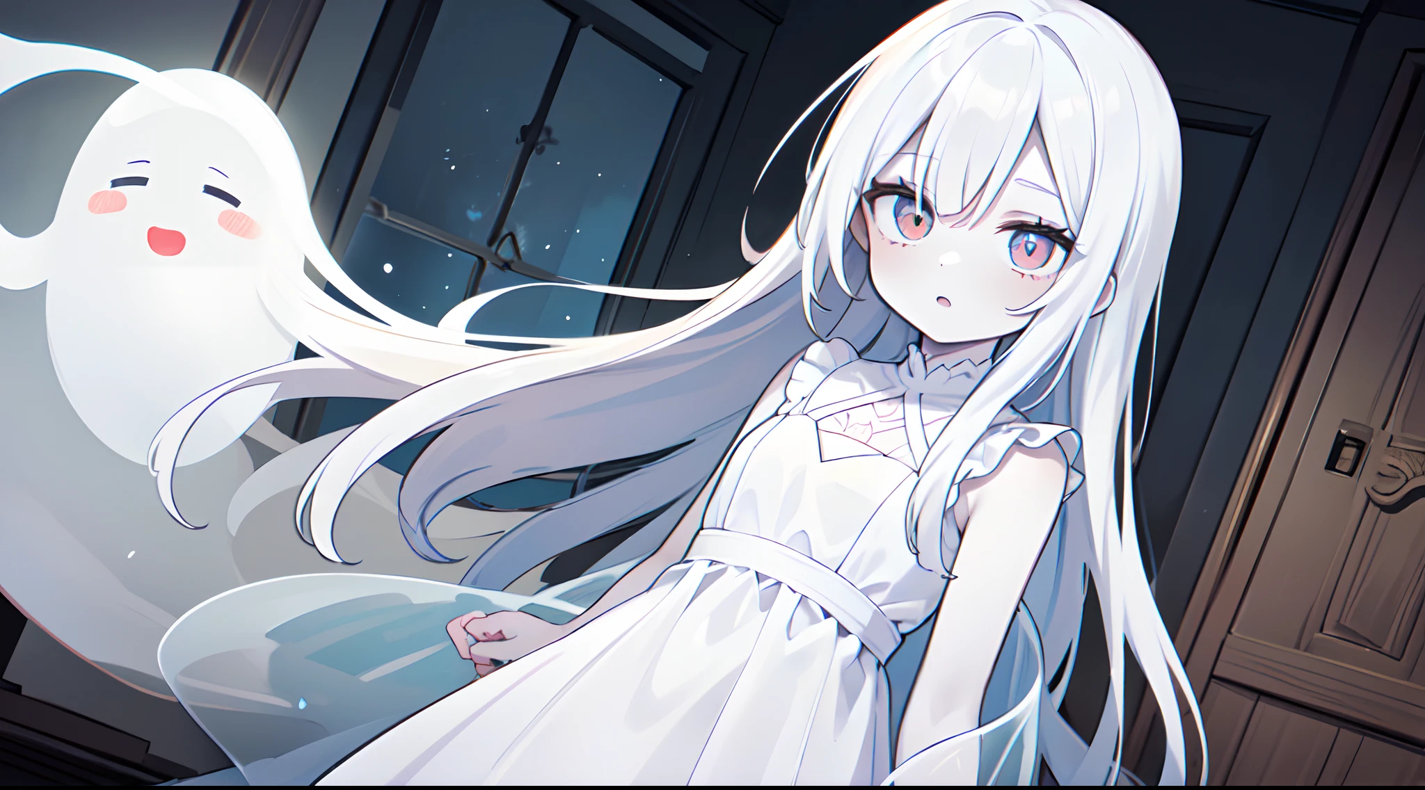 ((masterpiece)), ((best quality)), (ultra detailed:1.2), highly detailed, (horror), (ultra detailed illustration of In Ghost of a singing translucent woman in white dress:1.2), (sing), (solo), (pale skin:1.4), (white color hair:1.3), (whites of the eyes:1.2), Inside the room, (nighttime), (Silent Hill),