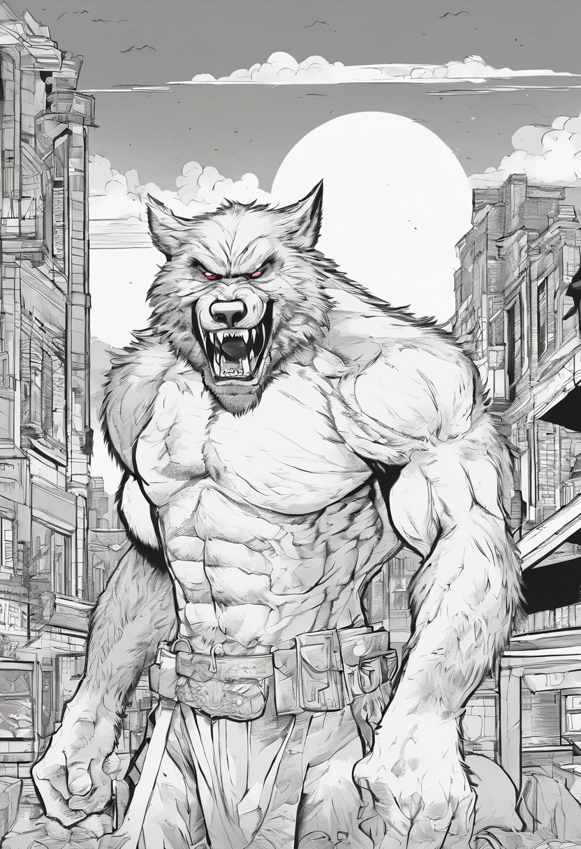 black and white masterpiece of a angry werewolf, simple background of city, line art, heavy outlines, white and black
