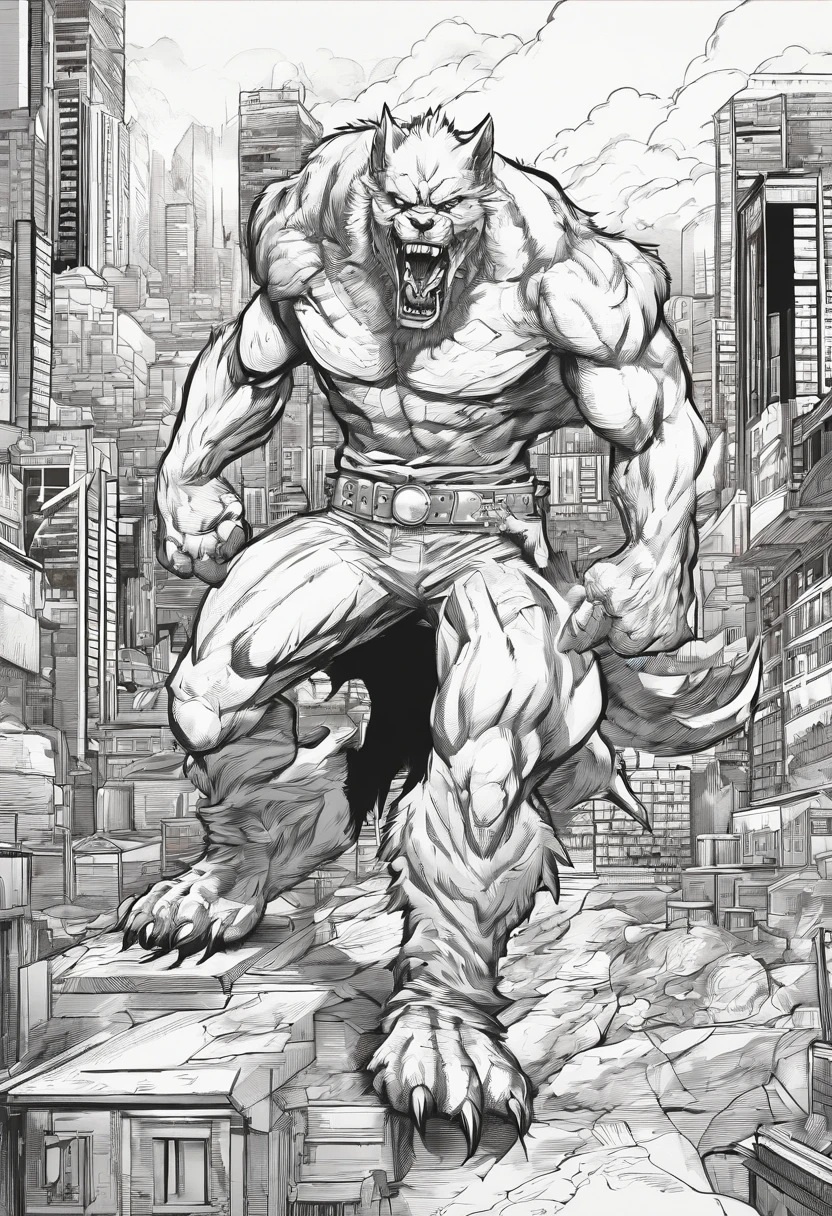 black and white masterpiece of a angry werewolf, simple background of city, line art, heavy outlines, white and black