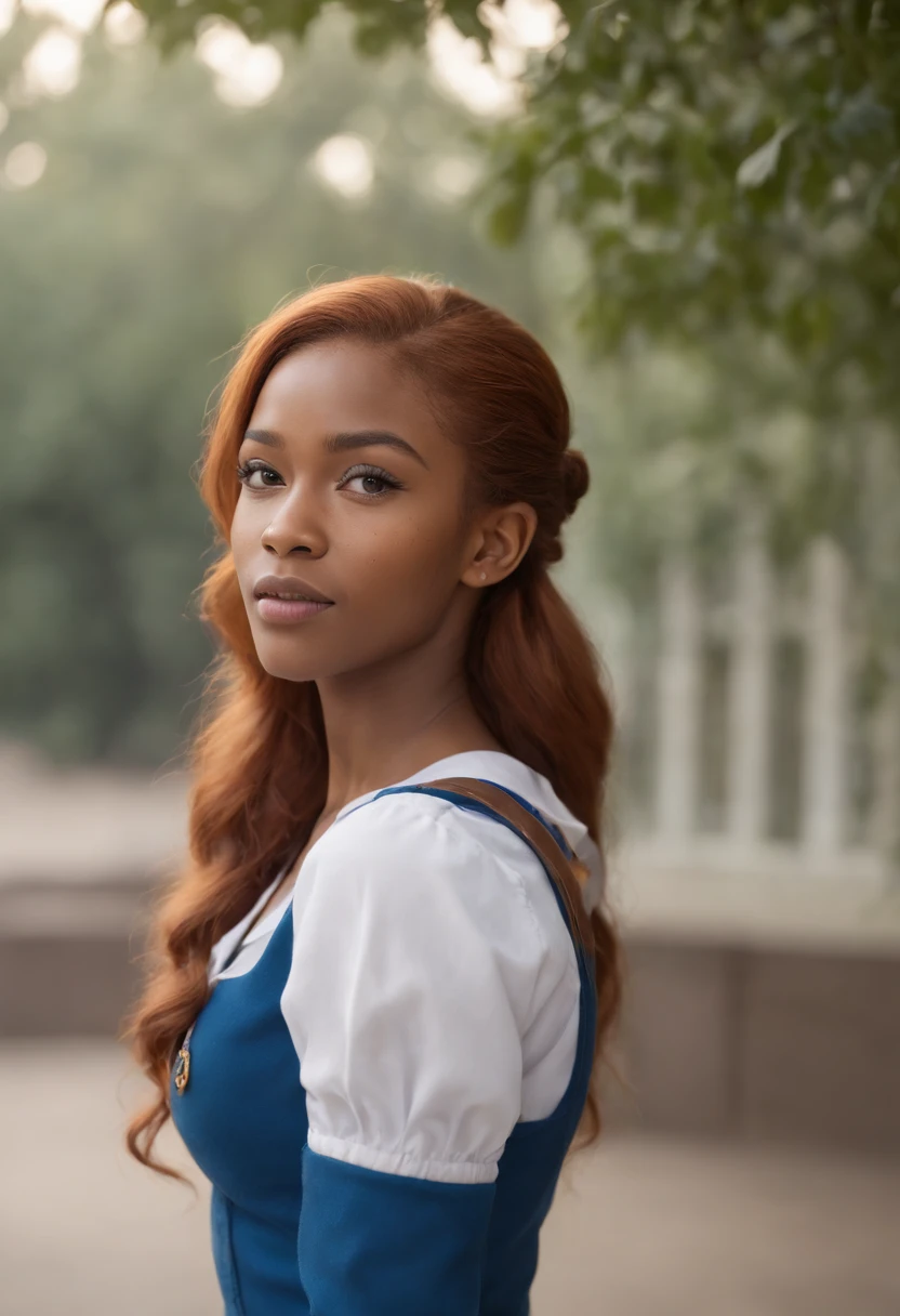 "Create an ultra-realistic masterpiece with photorealistic details, showcasing a caramel-skinned ginger African mixed woman with ponytails. detailed faces with bright neon blue and freckles, wearing school uniforms. girl has underboob exposure. standing outdoors, facing sideways, with arms positioned at a angle from their sides, emphasizing their groin and prominent hip bones."