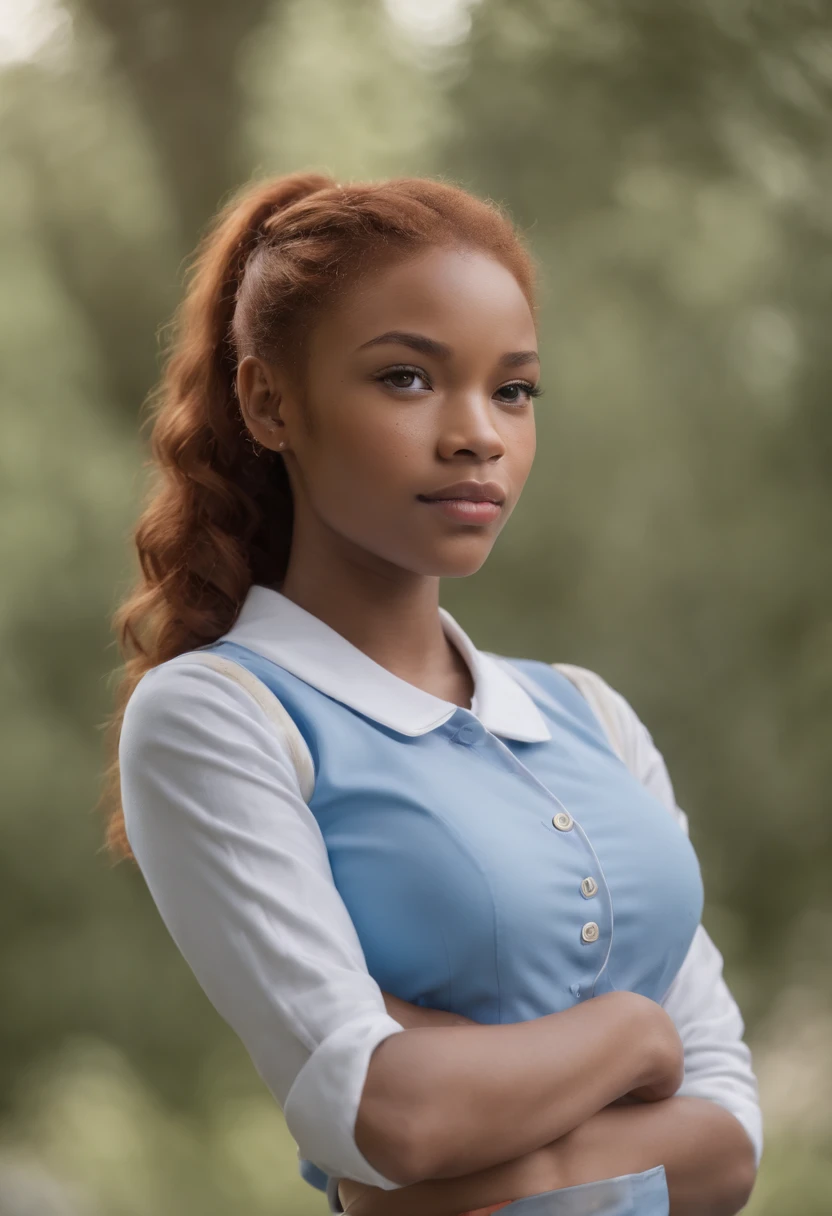 "Create an ultra-realistic masterpiece with photorealistic details, showcasing a caramel-skinned ginger African mixed woman with ponytails. detailed faces with bright neon blue and freckles, wearing school uniforms. girl has underboob exposure. standing outdoors, facing sideways, with arms positioned at a angle from their sides, emphasizing their groin and prominent hip bones."