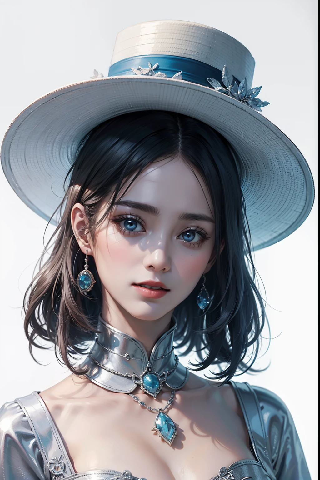 Gossip Diagram,Yin and Yang Eyes,taijitu,Woman,conservative clothing,Poor milk,(Wearing a big hat),Blue Crane,Wearing blue and red and white princess dresses,upper body close - up,Close-up photos,jewely,Vision of Heaven and Earth,Diamond,carp,The background is the Milky Way,solar system、appearance々Pose