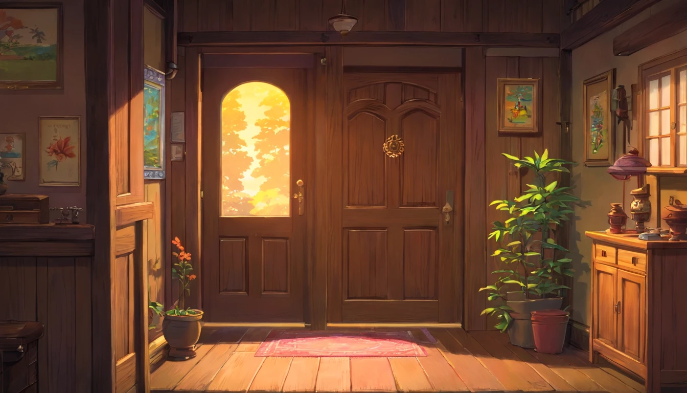 inside rustic dark wood brown home with the front door on the left taken from the prospective of being in a living room with the front entrance on the right, slightly run down, good detail, sunset time of day