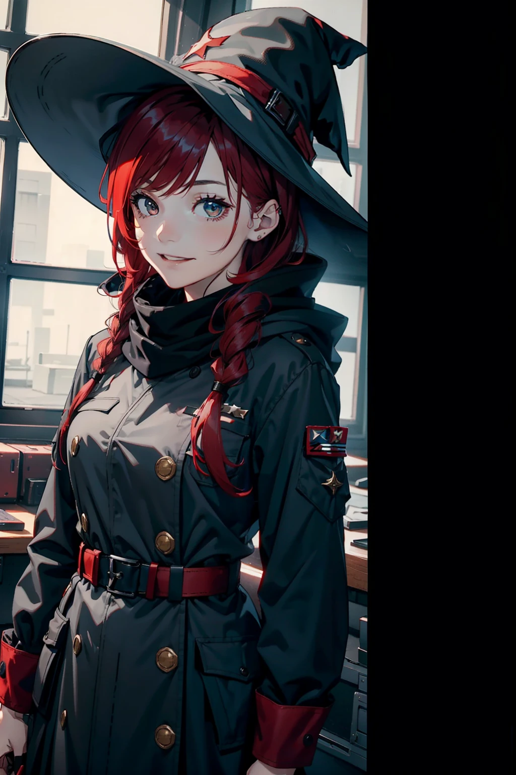 Young witch, red hairstyles, witch hat, black hat, wearing soldier clothes, camouflage military uniform, blue scarf, 4k, in gray room filled with monitors, smiling, 4k
