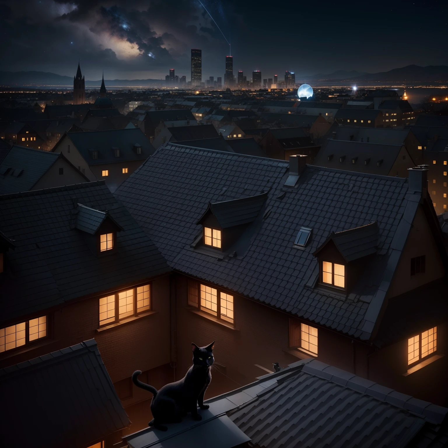 Silhouette of a black cat on the roof、beautiful cityscape、Beautiful starry sky、Western cityscape、