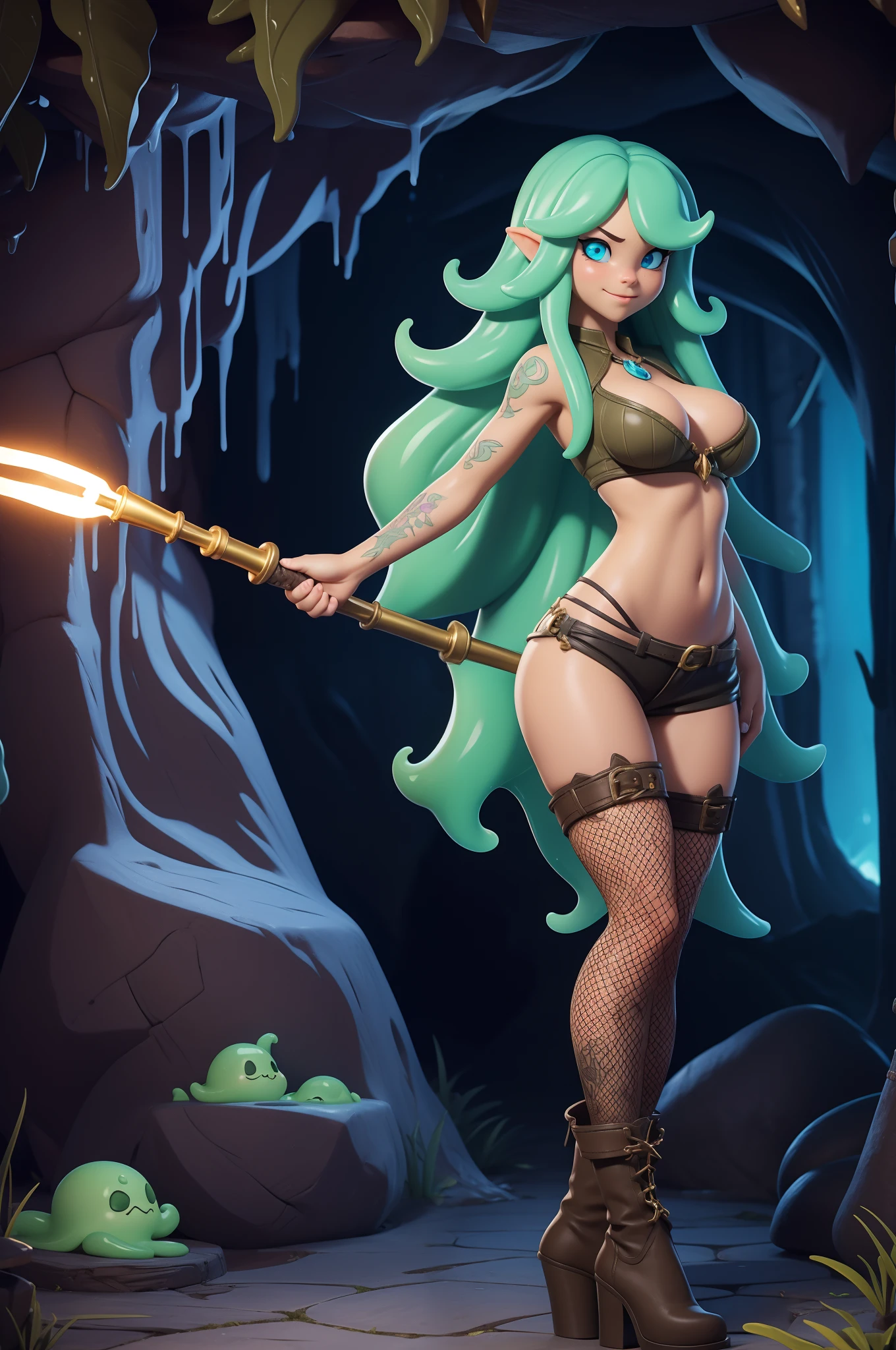 Fantasy young woman character with mini shorts, unbuttoned shorts, mini top, and slingshot thong, adorned with a fullbody tattoo, (slimey sweat skin). They have a fit slim bod with huge mommy milker (gigantic breasts), wearing boots and fishnet stockings. The character radiates a magical aura and possesses hair in various vibrant colors. They explore a dungeon, specifically a (slime cave), holding a torch to illuminate the darkness.