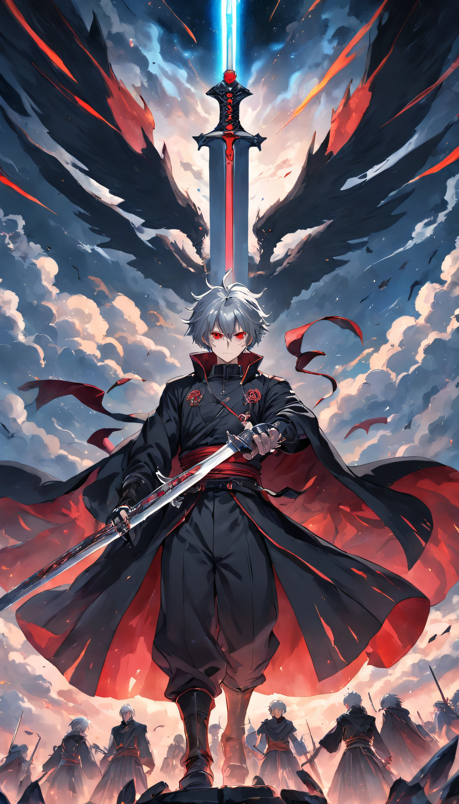 A gray-haired, The red-eyed man wears a black jacket, Sword formation,Lots of swords around,Top view,Skysky,Sword formation