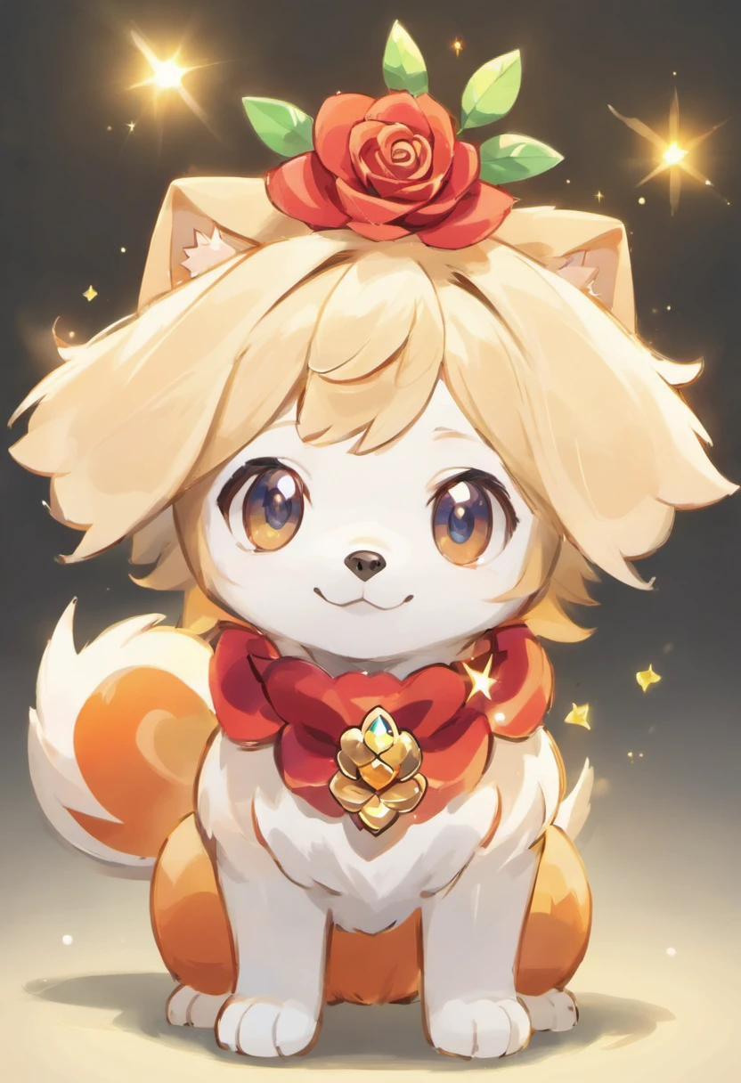 Dog Characters,
Anthropomorphism,
Upright,
Sharp eyes,
Stylish bangs,
Handsome,
Cool,
Big roses on the head,
Sparkles,
Dog,
Deformation,
simple,
simple, cartoonish,