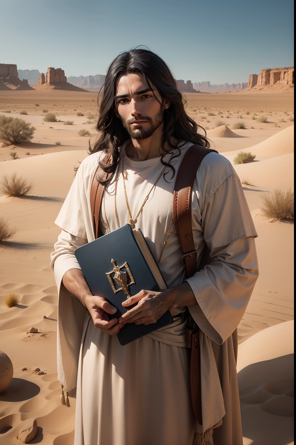 Jesus holding the Bible in a desert