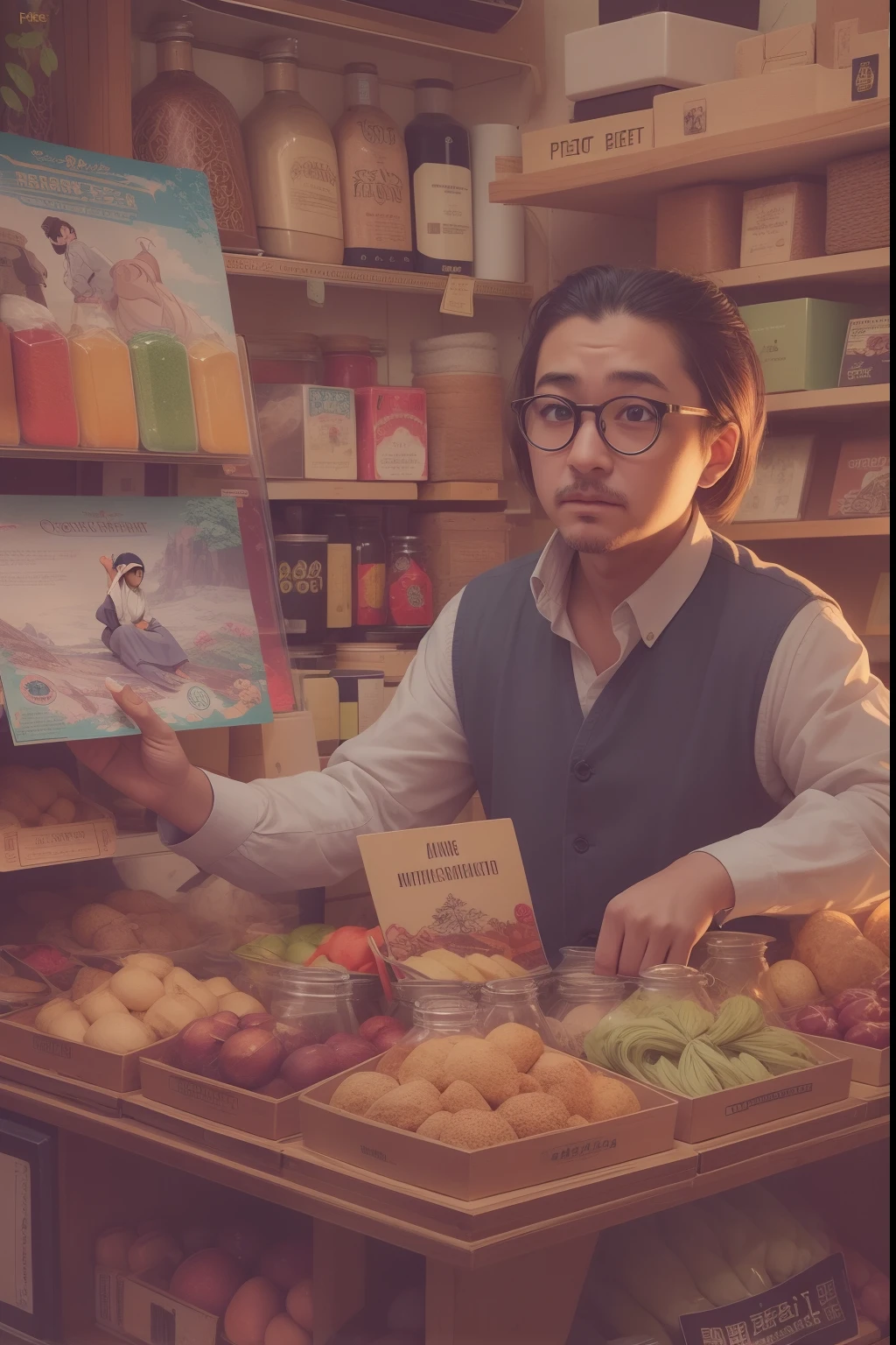 a shopkeeper electronic, good eyes, (best quality:1.3), (highres:1), (detailed:1.3), (incredible:1.3), (perfect:1.3), (perfection:1.3), (volume cover art:0), (illustration:1.3), art by studio ghibli