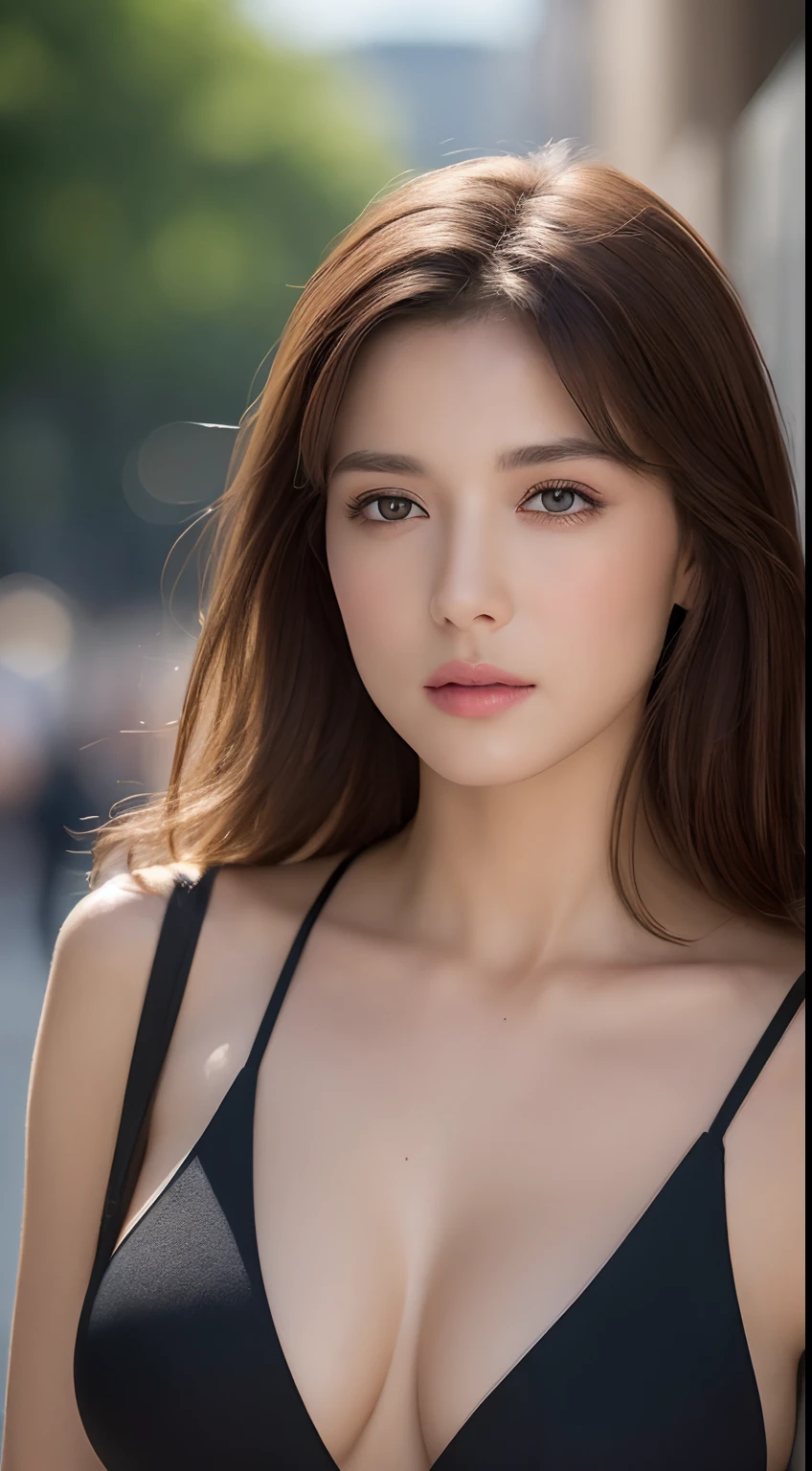 ((Best quality, 8k, Masterpiece :1.3)), Sharp focus :1.2, Perfect body beauty: 1.4, Slim abs: 1.2, ((Dark brown hair, Big breasts: 1.2)), (Natural light, City street: 1.1 ), highly detailed facial and skin textures, detailed eyes, double eyelids, (((Dynamic Angle)))