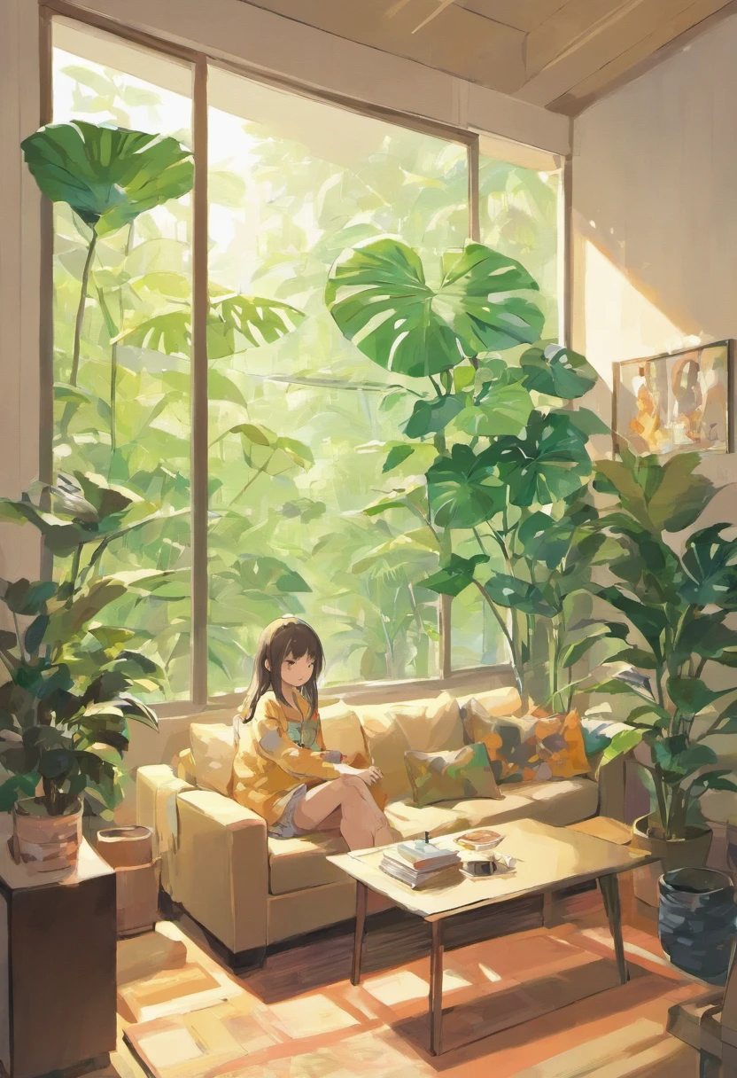 In the large bright living room,carding、Coffee table minimalist style,In the middle is a large pot of white monstera、Ficus chinensis、Tropical plants